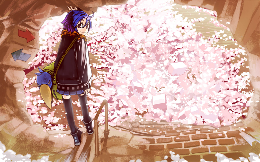 kahadu (kawazu), original, bad id, bad pixiv id, tagme, blue hair, brown eyes, solo, thighhighs