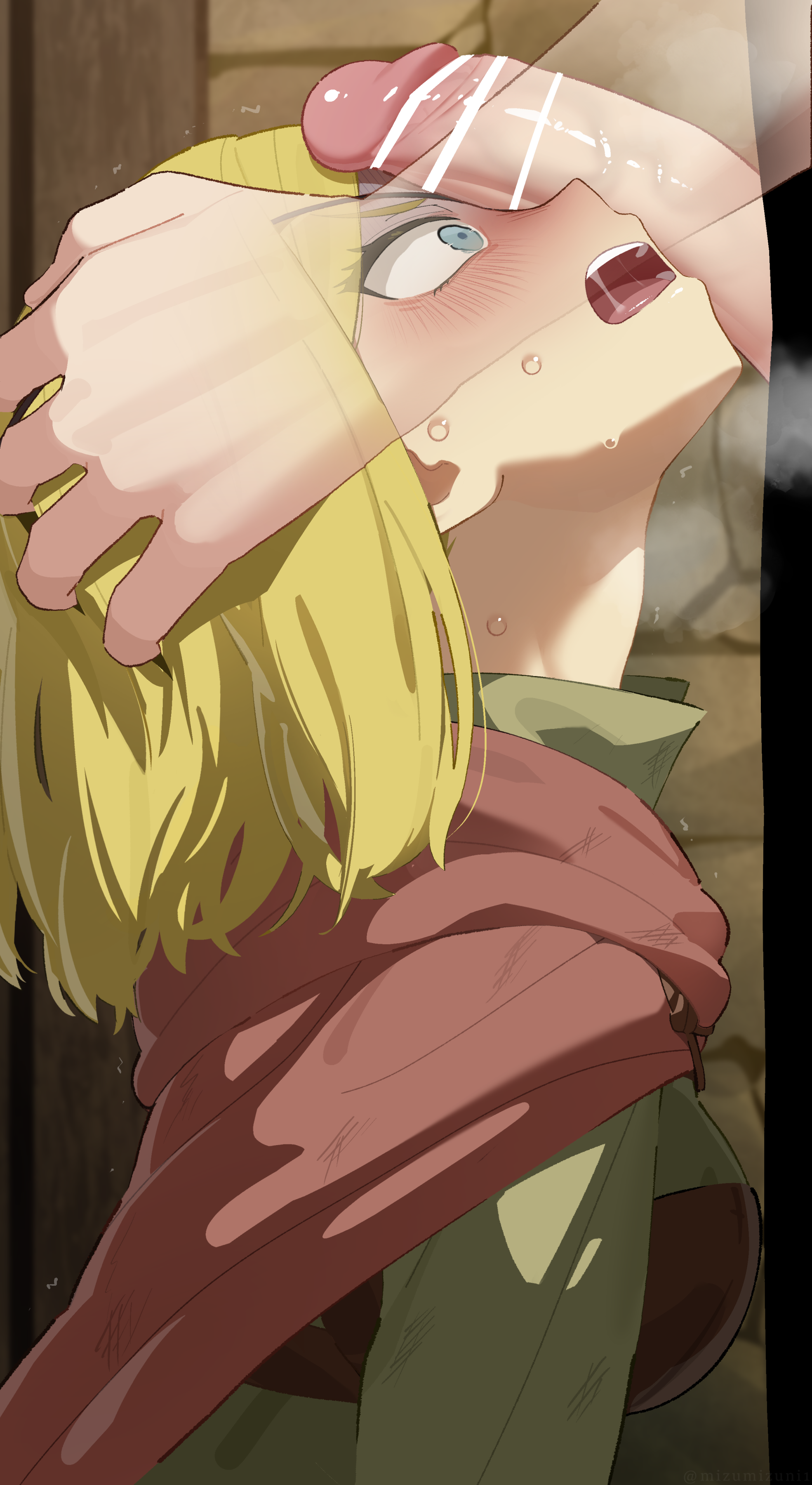 mizumizuni, alicia glenfall, clevatess: majuu no ou to akago to shikabane no yuusha, absurdres, highres, 1boy, 1girl, aqua eyes, bar censor, blonde hair, blush, breasts, cape, censored, green shirt, hands on another's head, hetero, imminent irrumatio, long sleeves, medium breasts, open mouth, penis, penis on face, red cape, shirt, short hair, solo focus, sweat