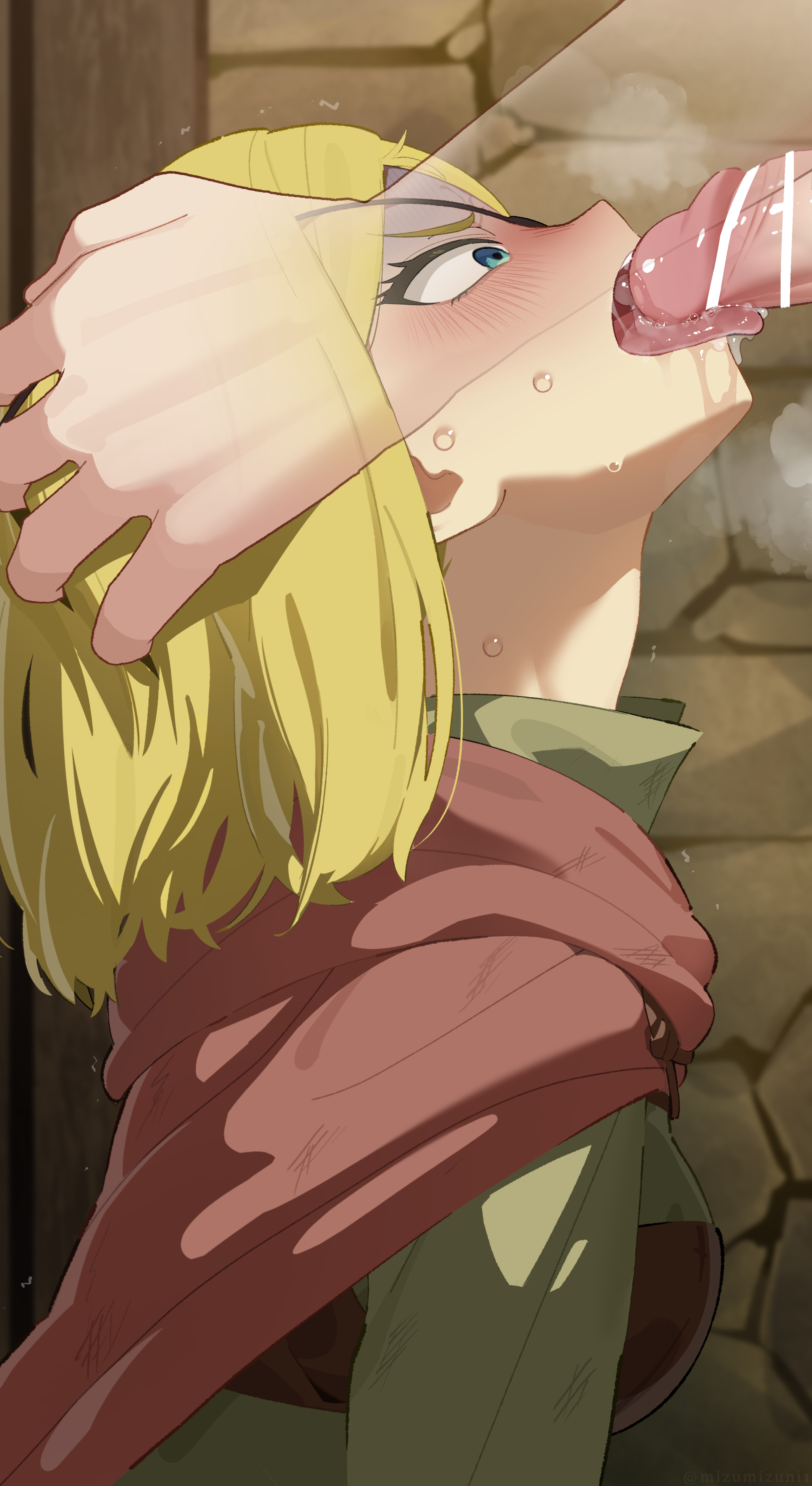 mizumizuni, alicia glenfall, clevatess: majuu no ou to akago to shikabane no yuusha, absurdres, highres, 1boy, 1girl, aqua eyes, bar censor, blonde hair, blush, breasts, cape, censored, fellatio, green shirt, hands on another's head, hetero, irrumatio, licking, licking penis, long sleeves, medium breasts, oral, penis, red cape, shirt, short hair, solo focus, sweat, tongue, tongue out