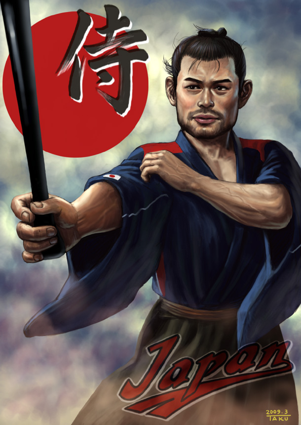 matataku, suzuki ichiro, suzuki ichirou, 2009 world baseball classic, world baseball classic, 1boy, baseball, baseball bat, black hair, hakama, hakama skirt, haori, japanese clothes, male focus, realistic, samurai, skirt, solo, topknot