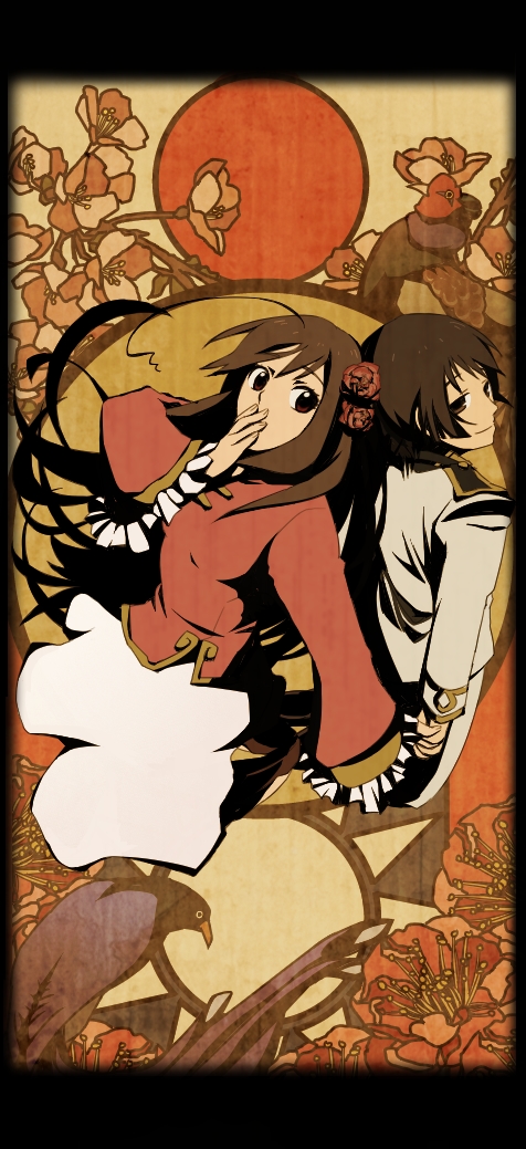 317 (saina), apty, negitoro, japan (hetalia), taiwan (hetalia), axis powers hetalia, bad id, bad pixiv id, 00s, 1boy, 1girl, ahoge, art nouveau, bird, black hair, brown hair, changpao, chinese clothes, dress, flower, hair flower, hair ornament, long hair, long sleeves, military, military uniform, plum blossoms