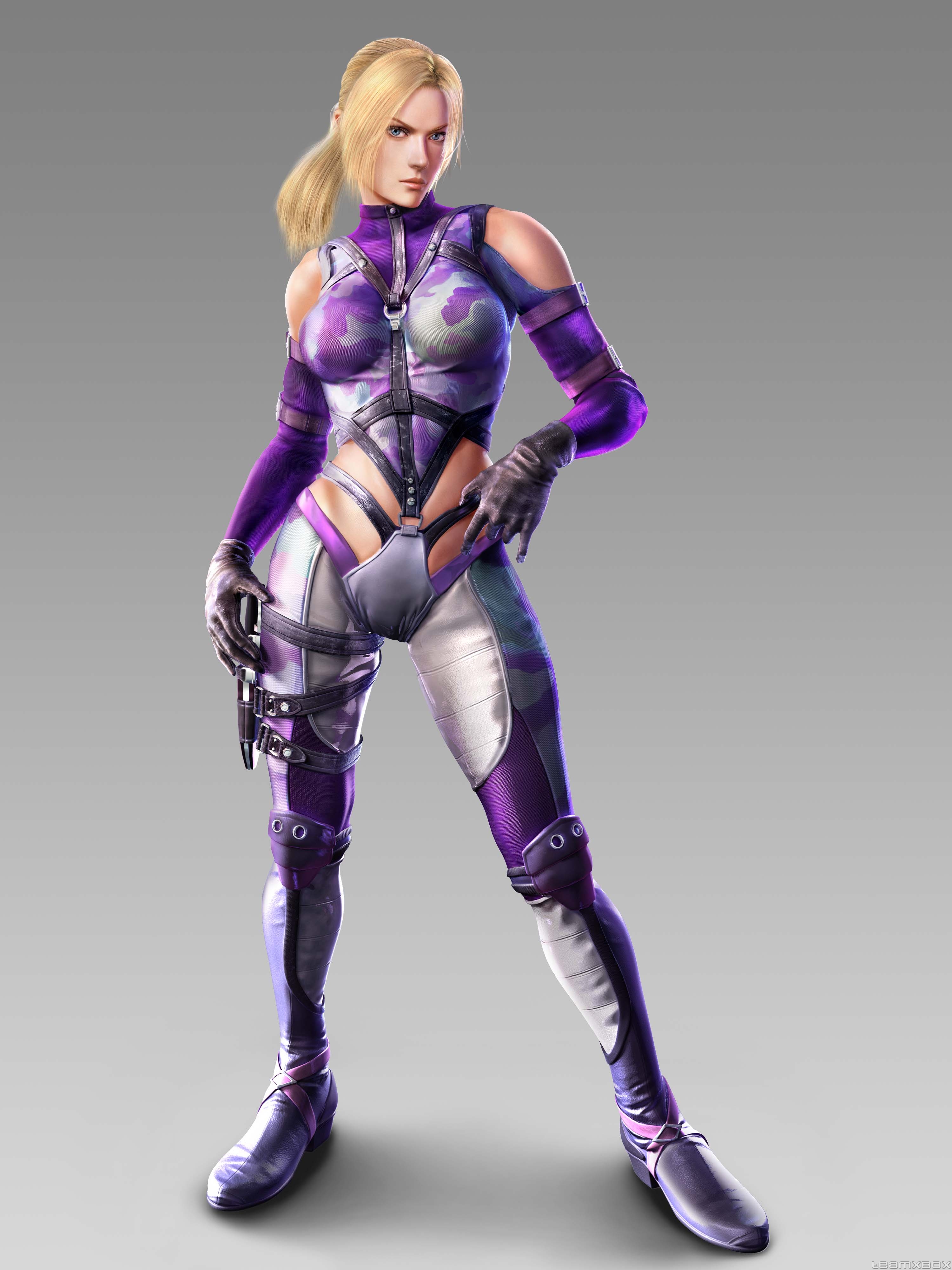 nina williams, namco, tekken, tekken 2, tekken 3, tekken 4, tekken 5 (dark resurrection), tekken tag tournament, absurdres, highres, official art, 1girl, 3d, blonde hair, blue eyes, bodysuit, breasts, female focus, gloves, large breasts, ponytail, purple bodysuit, short hair, skin tight, solo