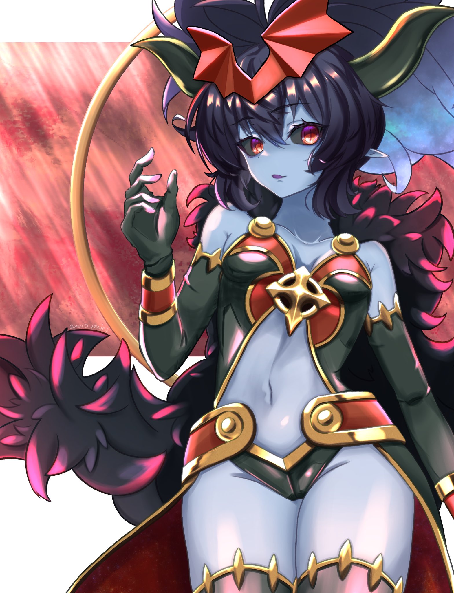 mephisto pheles (shinrabanshou), shinrabanshou, cropped, highres, 1girl, bare shoulders, black fur, black gloves, black hair, black horns, black sclera, black wings, blue skin, breasts, colored sclera, colored skin, demon girl, demon horns, elbow gloves, full body, fur trim, gloves, gold trim, horns, horns through headwear, looking at viewer, navel, pointy ears, red eyes, short hair, small breasts, smile, solo, thighhighs, wings, zero pheles