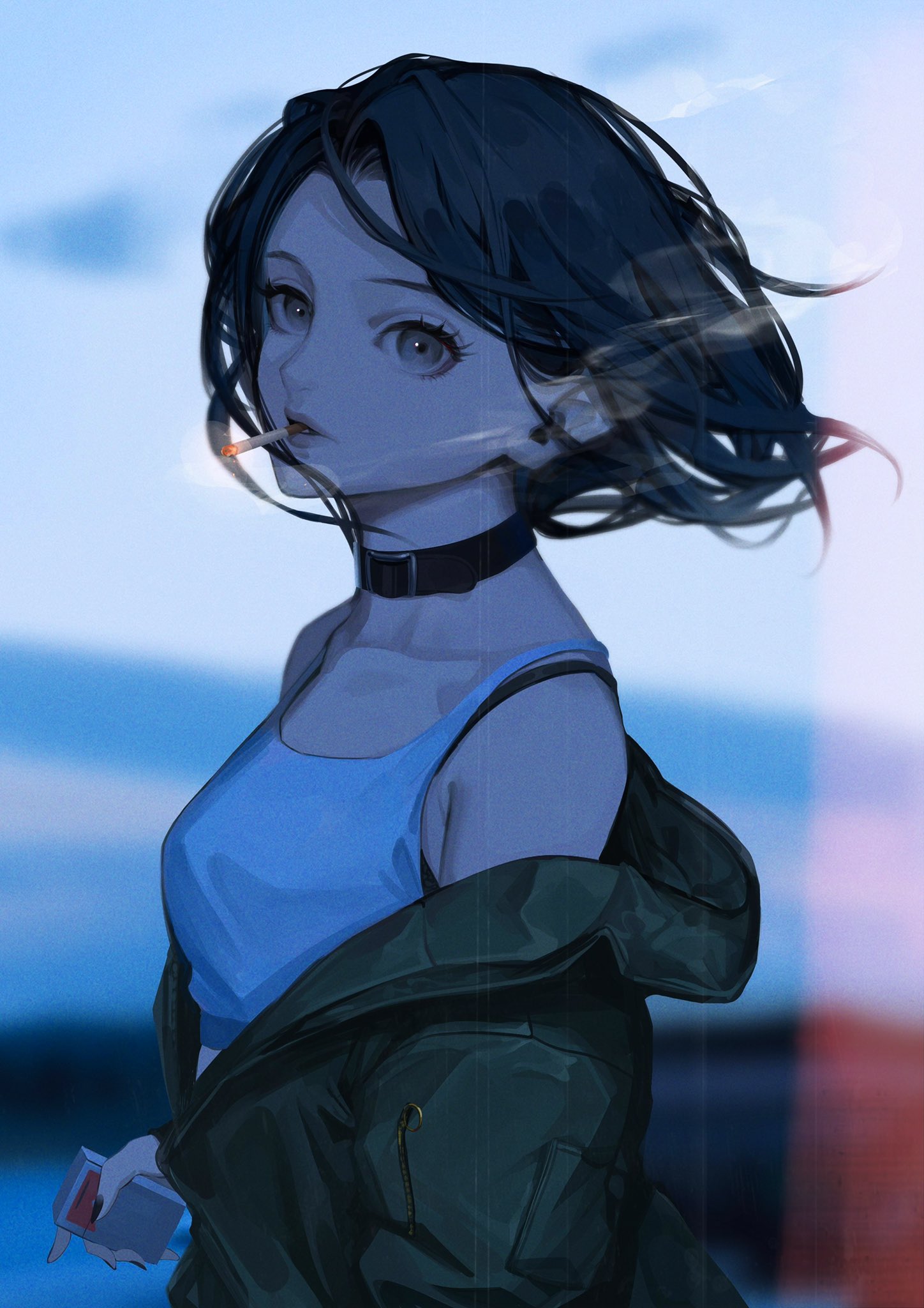 doloyume, original, highres, 1girl, black hair, blue eyes, choker, cigarette, clothes lift, green jacket, jacket, lighter, looking at viewer, looking to the side, shirt lift, short hair, smoke, smoking, solo