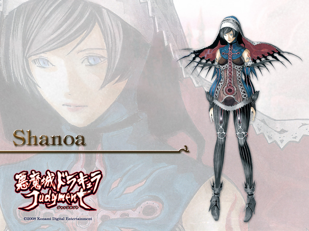 obata takeshi, shanoa (castlevania), castlevania (series), castlevania judgment, official art, official wallpaper, black hair, blue eyes