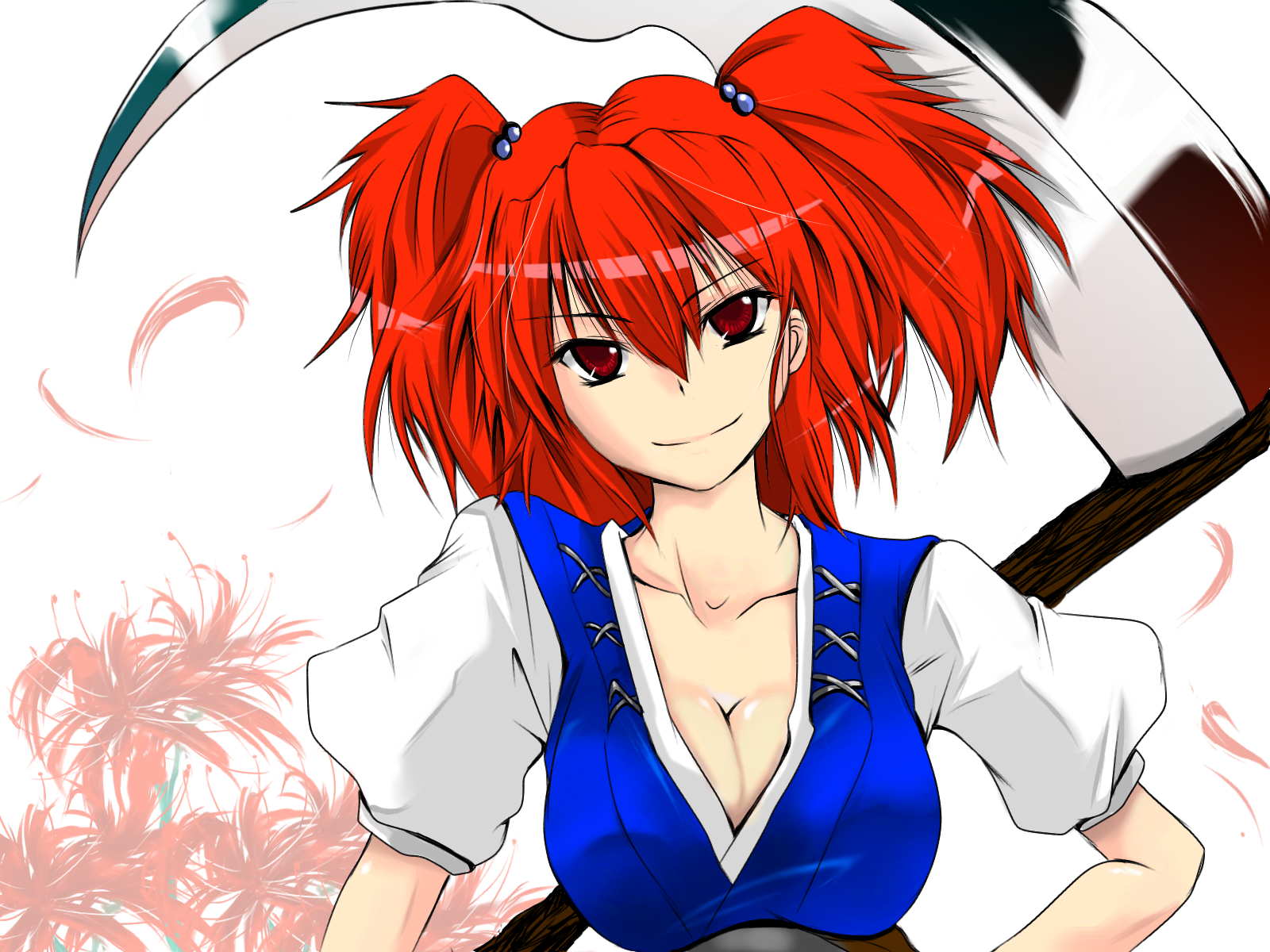 babel, babel99, onozuka komachi, touhou, highres, 1girl, breasts, female focus, large breasts, red eyes, red hair, scythe, smile, solo, twintails, two side up