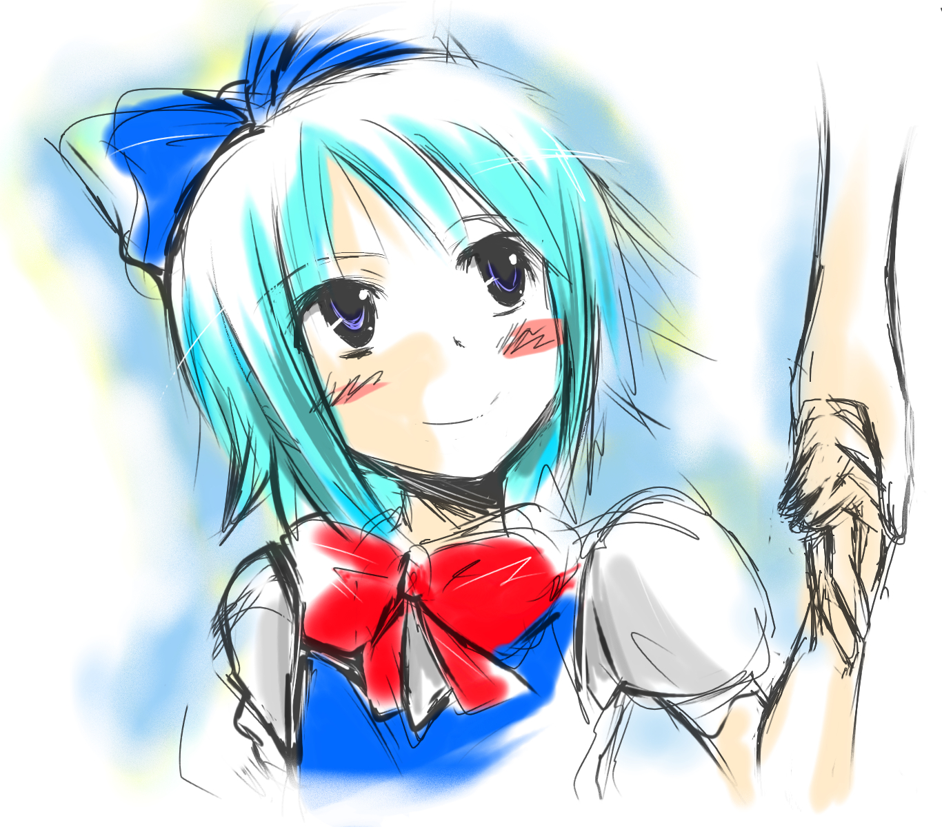 babel, babel99, cirno, embodiment of scarlet devil, touhou, highres, 1girl, blue eyes, blue hair, blush, circled 9, female focus, holding hands, ribbon, smile, solo focus