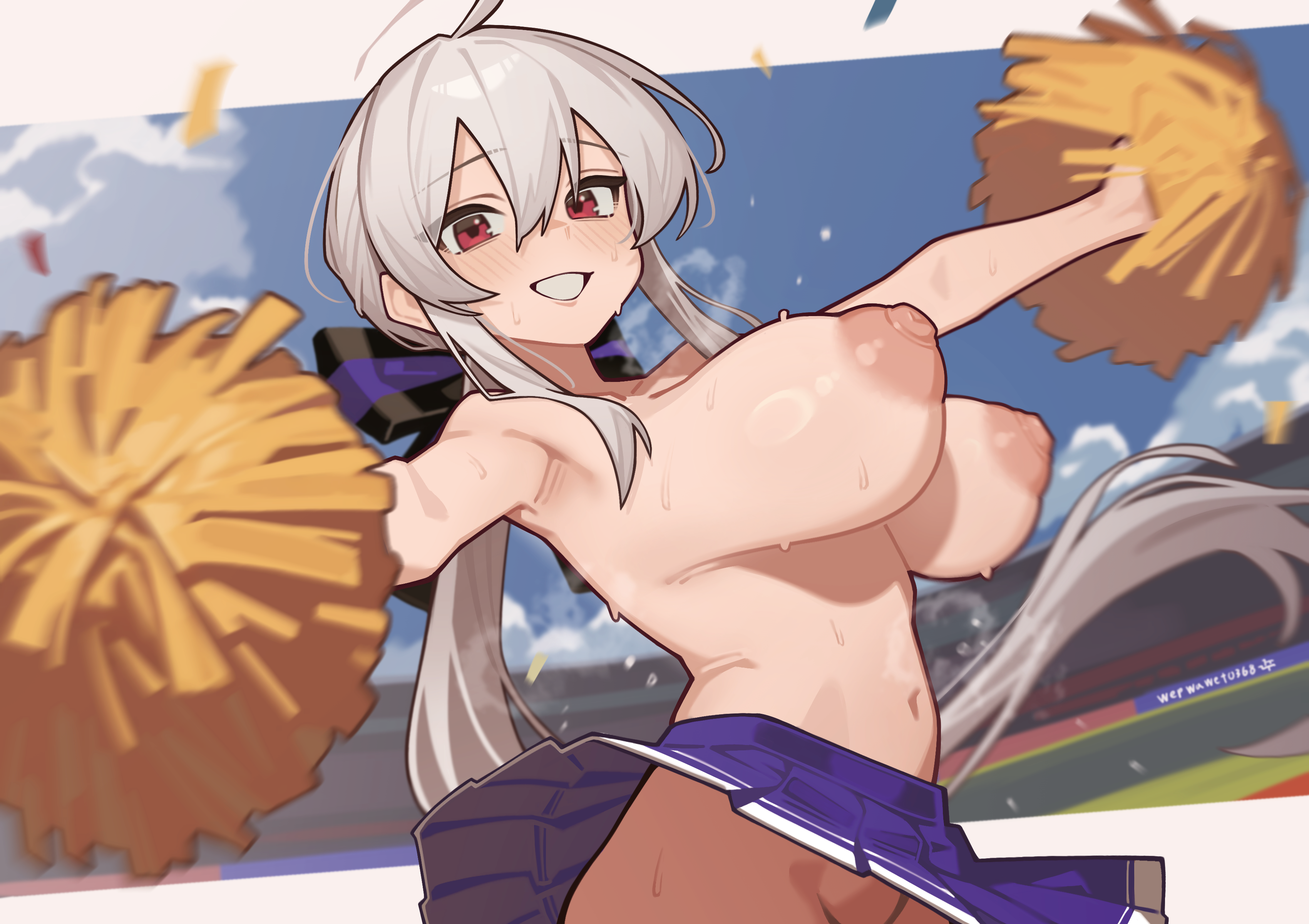 wepwawet, yowane haku, vocaloid, absurdres, commentary, commission, highres, pixiv commission, symbol-only commentary, 1girl, ahoge, armpits, blue sky, blush, bouncing breasts, breasts, cheerleader, cloud, day, grey hair, groin, hair between eyes, holding, holding pom poms, large breasts, long hair, looking at viewer, nipples, no panties, out-of-frame censoring, outdoors, outstretched arms, pom pom (cheerleading), pom poms, ponytail, purple skirt, red eyes, skirt, sky, solo, stadium, sweat, topless female, very sweaty