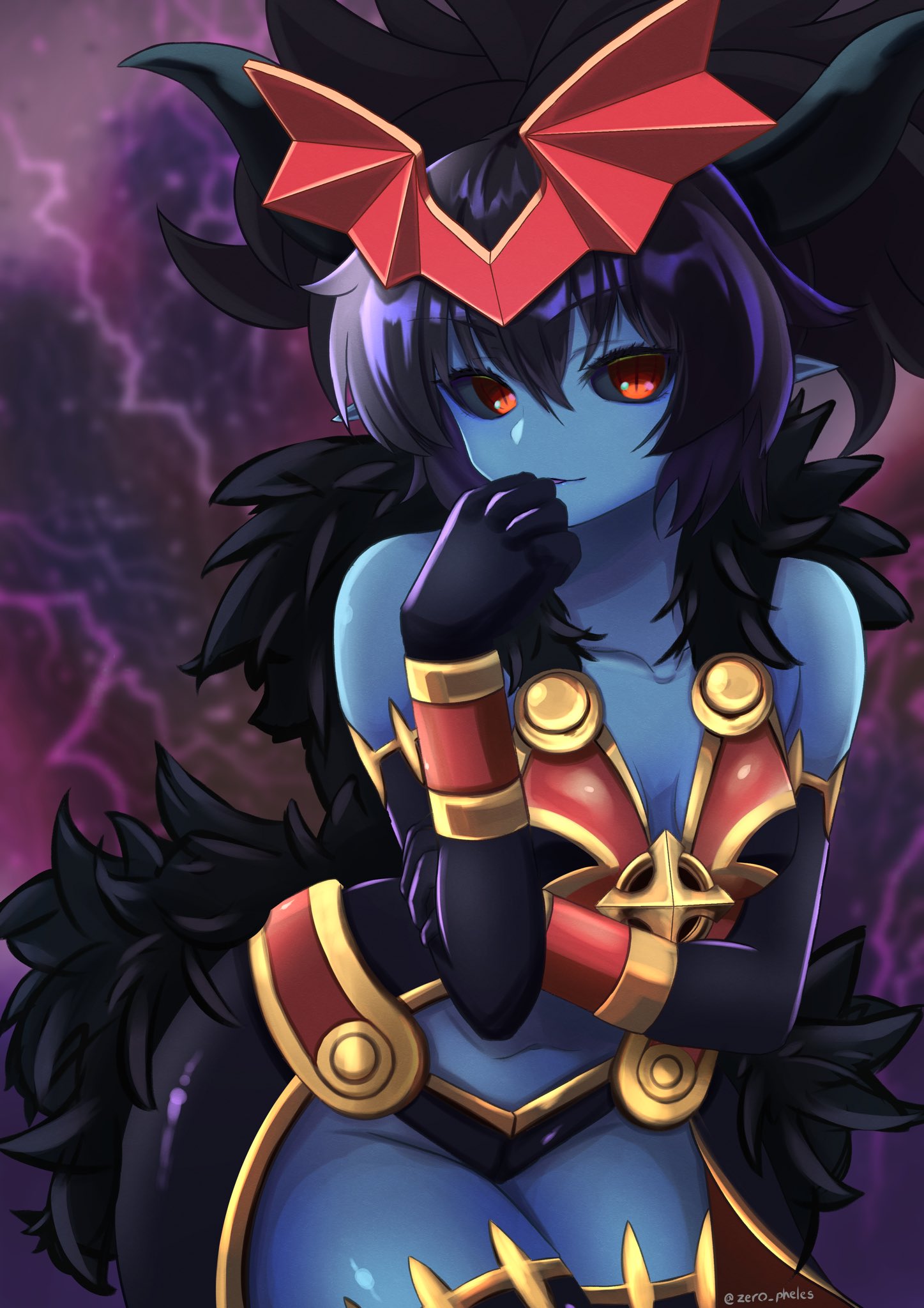 mephisto pheles (shinrabanshou), shinrabanshou, highres, 1girl, bare shoulders, black fur, black gloves, black hair, black horns, black sclera, black wings, blue skin, breasts, colored sclera, colored skin, demon girl, demon horns, elbow gloves, fur trim, gloves, horns, lightning background, navel, pointy ears, red eyes, red wings, short hair, small breasts, smile, solo, thighhighs, wing ornament, wings, zero pheles