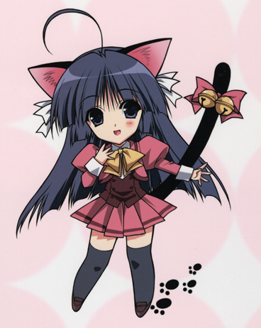 lowres, ahoge, animal ears, bell, cat ears, cat tail, open mouth, paw print, ribbon, tail, thighhighs