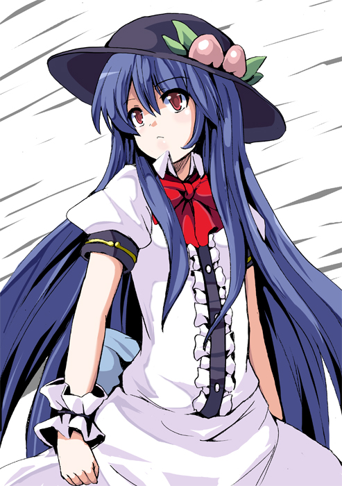 fa no hito, hinanawi tenshi, touhou, 1girl, blue hair, female focus, food, fruit, hat, peach, red eyes, solo, standing, white background, wrist cuffs
