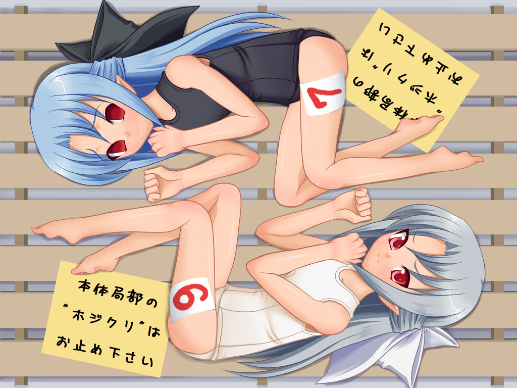 nyaa (artist), nyaa (nekohibi), len (tsukihime), white len (tsukihime), melty blood, tsukihime, type-moon, translation request, 00s, 2girls, barefoot, black one-piece swimsuit, child, feet, half updo, loli, multiple girls, one-piece swimsuit, pointy ears, red eyes, school swimsuit, swimsuit