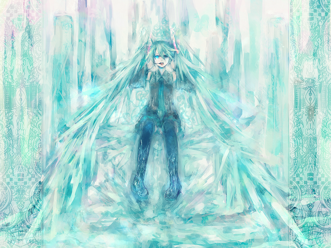 minase (mmakina), hatsune miku, vocaloid, bad id, bad pixiv id, glowing, glowing eye, glowing eyes, ice, long hair, open mouth, sitting, solo, very long hair