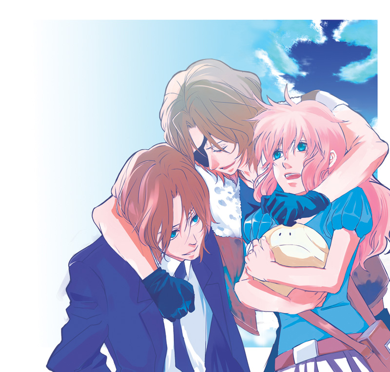 singyun, feldt grace, haro, lockon stratos, lyle dylandy, neil dylandy, gundam, gundam 00, 00s, 1girl, 2boys, blue eyes, brown hair, closed eyes, eyepatch, gloves, multiple boys, pink hair, smile