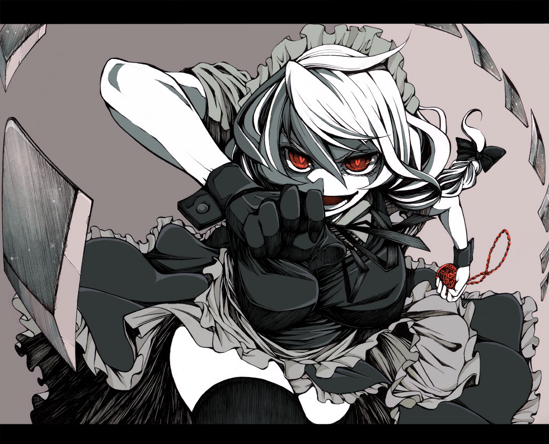 higashi, higashi (azm), uousa-ou, izayoi sakuya, touhou, bad id, colorized, 1girl, braid, female focus, maid, monochrome, panties, pink background, red eyes, solo, spot color, thighhighs, underwear