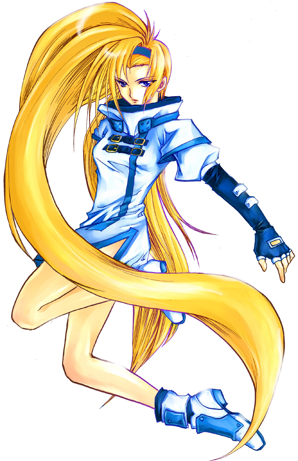 karinda, twenty, millia rage, arc system works, guilty gear, bad id, bad pixiv id, highres, 1girl, blonde hair, blue eyes, buckle, female focus, full body, gloves, hairband, long hair, simple background, solo, very long hair, white background