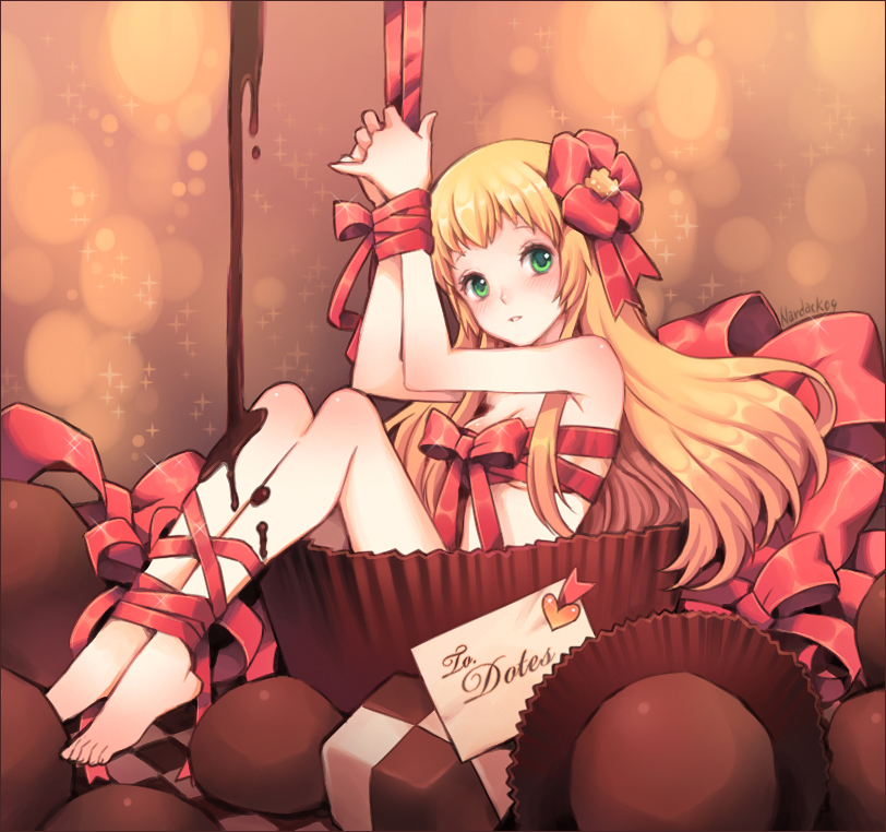 nardack, original, bad id, bad pixiv id, 1girl, barefoot, blonde hair, breasts, chocolate, feet, female focus, gift, green eyes, hair ribbon, legs, lips, long hair, medium breasts, naked ribbon, ribbon, solo