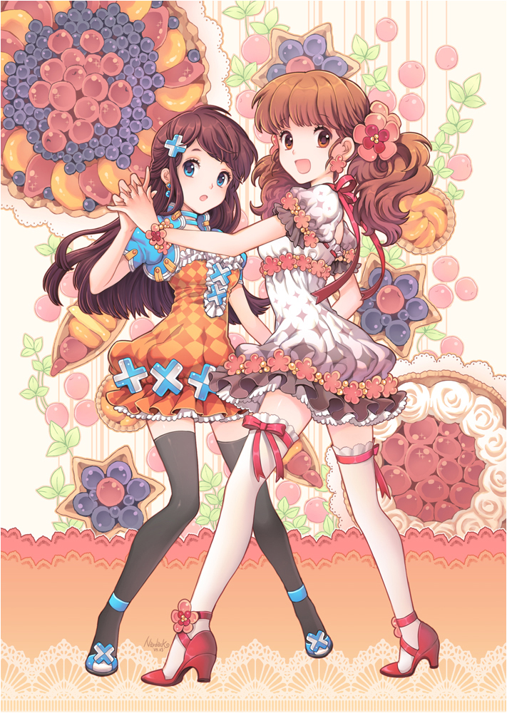 nardack, original, bad id, bad pixiv id, 2girls, aqua eyes, black thighhighs, blue eyes, brown eyes, brown hair, dancing, dress, earrings, flower, food, fruit, full body, hair flower, hair ornament, high heels, holding hands, jewelry, legs, multiple girls, open mouth, ribbon, shoes, sweets, thighhighs, twintails, white thighhighs, zettai ryouiki