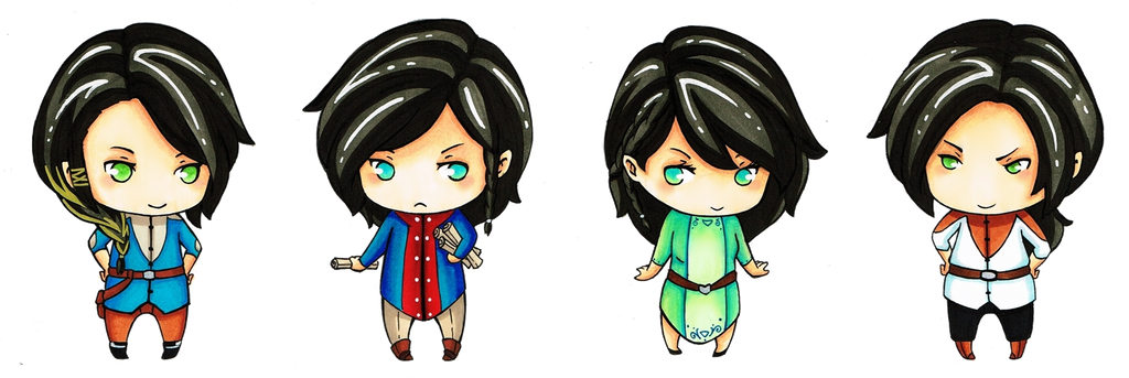 argon, cheese-cake-panda, aredhel, fingon, turgon, the silmarillion, tolkien's legendarium, 1girl, 3boys, aqua eyes, belt, black hair, braid, brother and sister, brothers, buckle, chibi, closed mouth, elf, frown, full body, green eyes, hands on own hips, multiple boys, paper, parted bangs, pointy ears, scroll, siblings, smile, standing