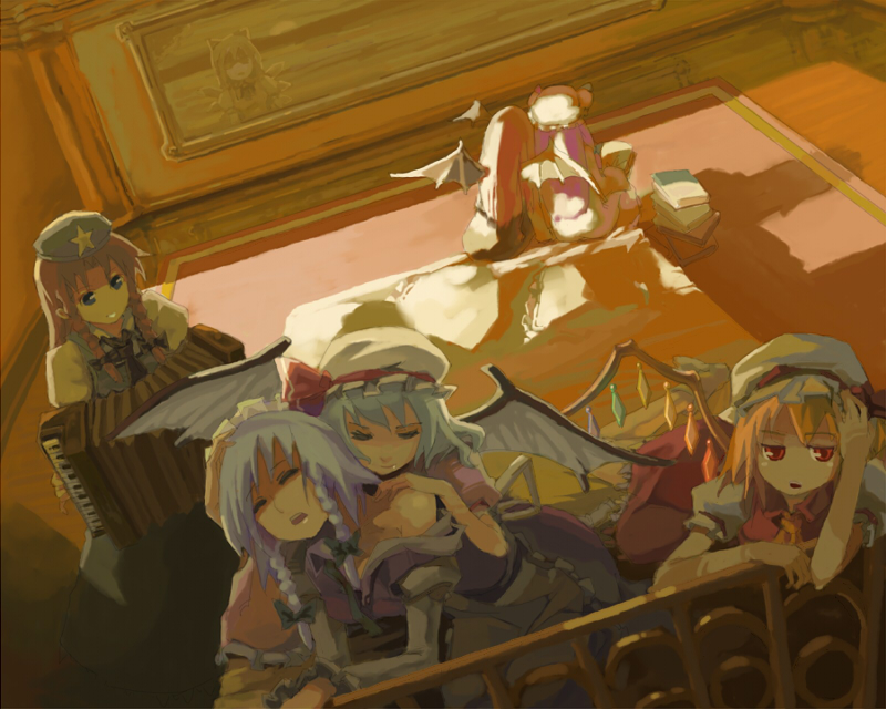 77gl, cirno, flandre scarlet, hong meiling, izayoi sakuya, koakuma, patchouli knowledge, remilia scarlet, embodiment of scarlet devil, touhou, 6+girls, accordion, bat wings, book, braid, female focus, hat, instrument, multiple girls, red eyes, ribbon, twin braids, wings, yuri