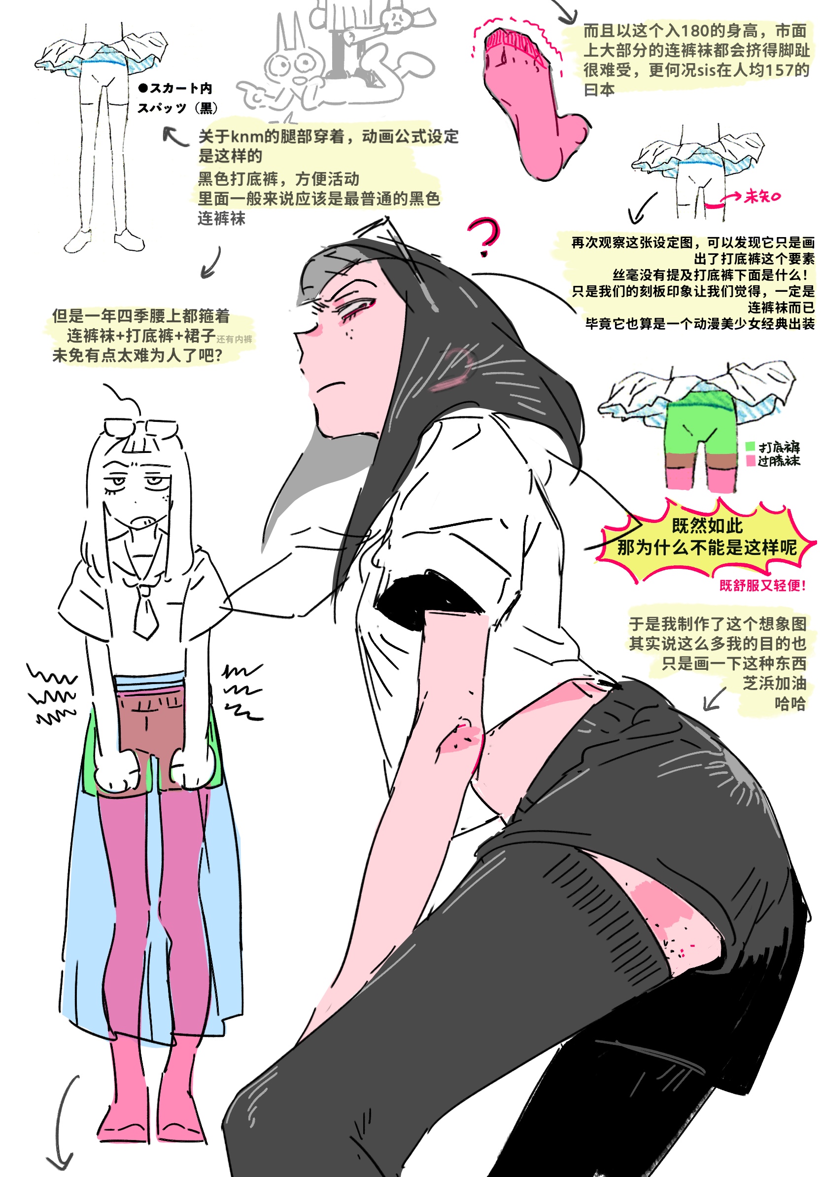 goblet 42, kanamori sayaka, eizouken ni wa te wo dasu na!, commentary, highres, partially translated, translation request, 1girl, ?, artist self-insert, asymmetrical bangs, black hair, body freckles, eyewear on head, feet, freckles, glasses, long hair, school uniform, short sleeves, skirt, toes