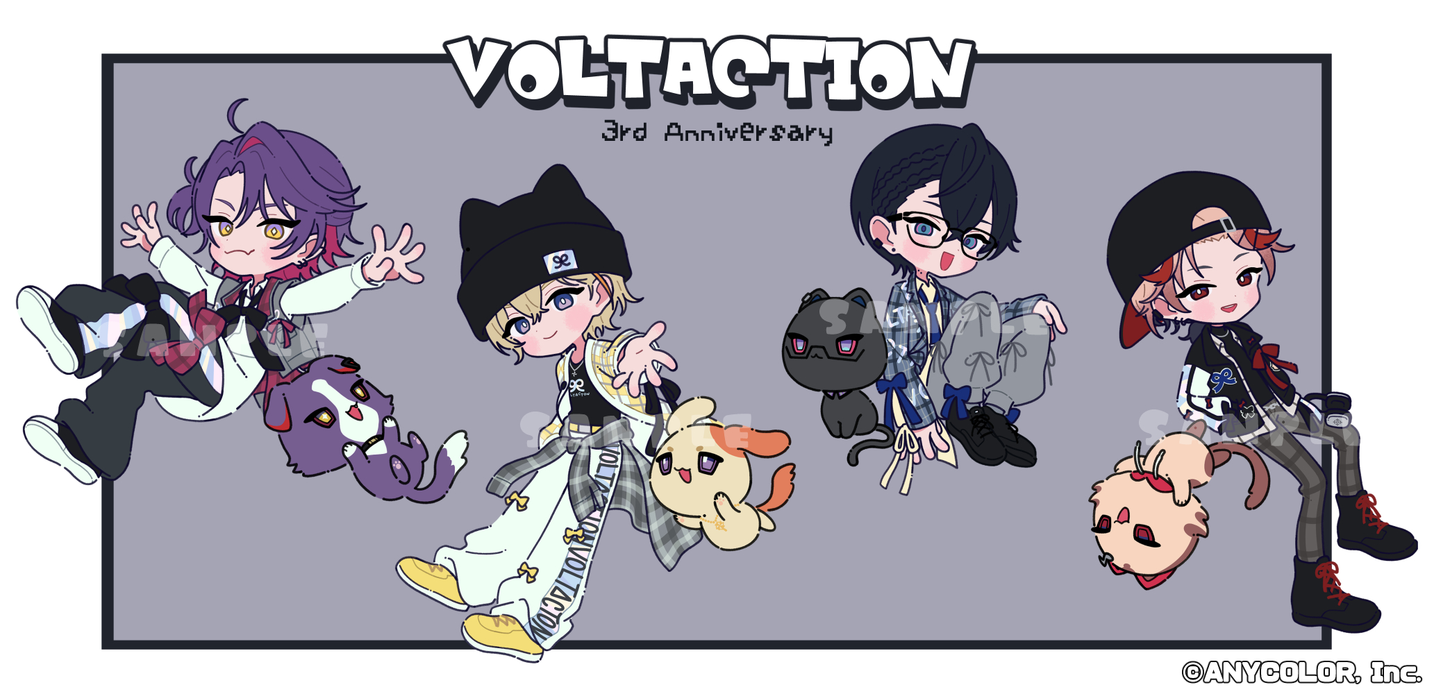 neki (wakiko), fura kanato, seraph dazzlegarden, shikinagi akira, watarai hibari, nijisanji, voltaction, commentary request, highres, official art, 4boys, :d, akaiko (seraph dazzlegarden), animal, animalization, anniversary, backwards hat, baseball cap, beanie, black-framed eyewear, black hair, black hat, black pants, black shoes, blue eyes, blue necktie, blush, border, brown hair, brown shirt, cat, chibi, closed mouth, clothes around waist, collared shirt, copyright notice, dog, glasses, grey background, grey jacket, grey pants, grey vest, group name, hair between eyes, hands in pockets, hat, jacket, kiironoko (fura kanato), kuroiko (shikinagi akira), long sleeves, male focus, multicolored hair, multiple boys, murasakinoko (watarai hibari), necktie, open clothes, open jacket, open mouth, outstretched arms, pants, person and animalization, plaid clothes, plaid jacket, puffy long sleeves, puffy sleeves, purple eyes, red eyes, red hair, sample watermark, shirt, shoe soles, shoes, smile, spread arms, streaked hair, vest, virtual youtuber, watermark, white border, white pants, white shirt, yellow jacket, yellow shoes