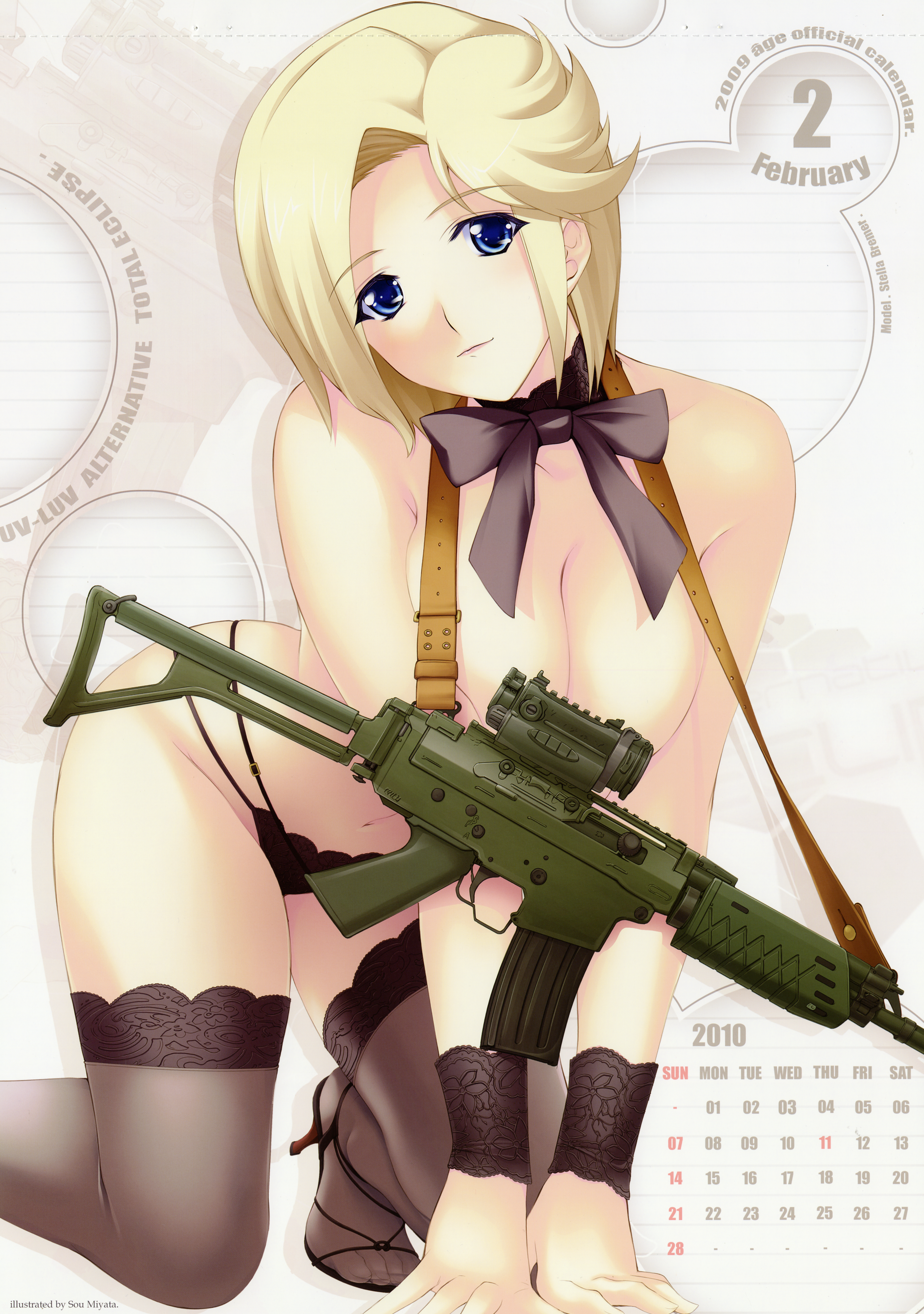 miyata sou, stella bremer, muv-luv, muv-luv alternative, muv-luv total eclipse, total eclipse, lace-trimmed legwear, absurdres, highres, huge filesize, 00s, 10s, 1girl, 2009, 2010, all fours, assault rifle, bent over, black panties, black thighhighs, blonde hair, blue eyes, bow, bowtie, breasts, calendar, censored, cleavage, convenient censoring, february, feet, female focus, fn fnc, grey thighhighs, gun, head tilt, high heels, hip focus, lace, lace trim, large breasts, legs, light smile, lingerie, looking at viewer, panties, rifle, shoes, short hair, solo, thighhighs, thighs, thong, toes, topless female, underwear, weapon, wrist cuffs