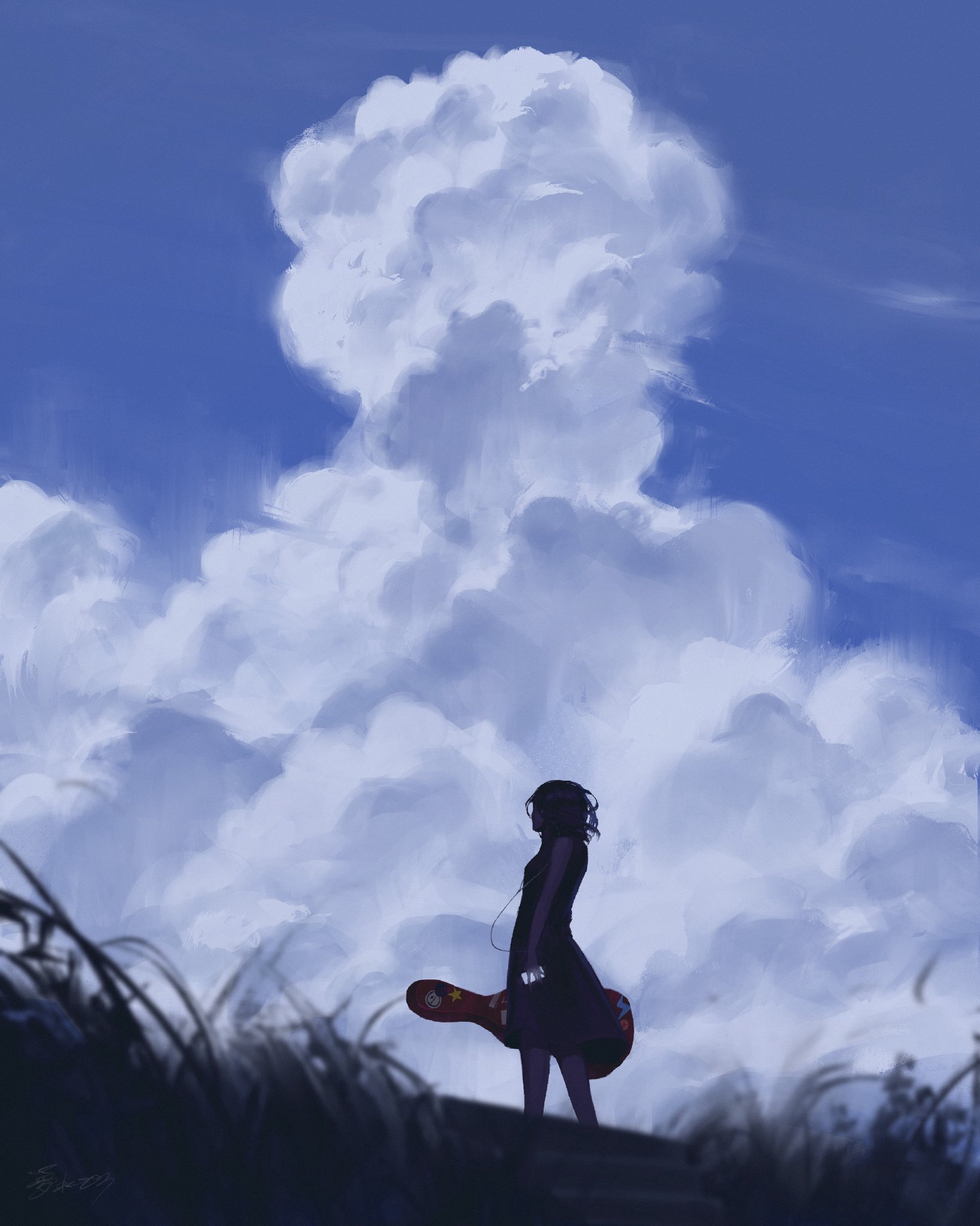 doloyume, original, highres, 1girl, black dress, black hair, cloud, cumulonimbus cloud, dress, grass, guitar, headphones, impasto, instrument, looking afar, scenery, sky, solo