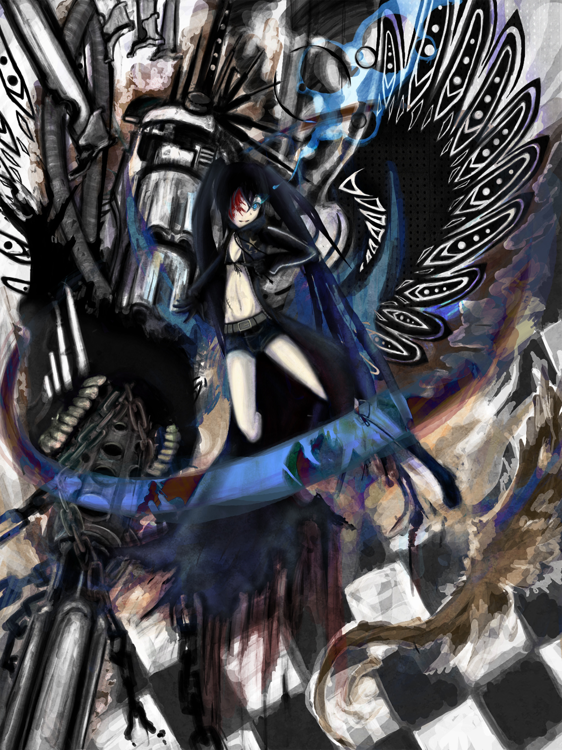 satake (pixiv), satake (weed), black rock shooter (character), black rock shooter, bad id, bad pixiv id, highres, 10s, 1girl, arm cannon, belt, bikini, bikini top only, black hair, blood, blue eyes, boots, chain, coat, female focus, flat chest, front-tie top, gloves, glowing, glowing eye, glowing eyes, gun, hair over one eye, hood, huge weapon, jacket, knee boots, lingerie, long hair, midriff, pale skin, scar, short shorts, shorts, smile, solo, star (symbol), swimsuit, trench coat, twintails, underwear, uneven twintails, very long hair, weapon, zipper