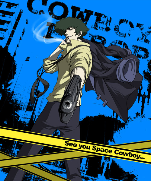 kuren, spike spiegel, cowboy bebop, 1990s (style), 1boy, back, cigarette, gun, handgun, iwi jericho 941, jacket, male focus, necktie, pistol, retro artstyle, smile, smoking, solo, weapon