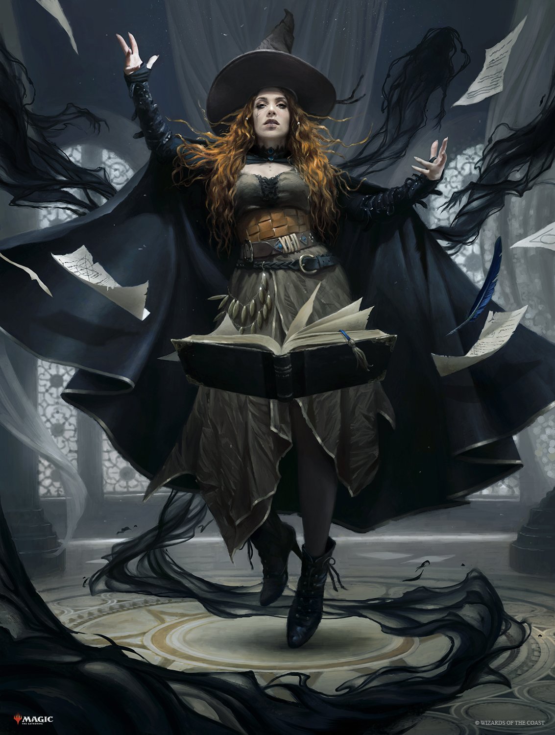 martina fackova, baldur's gate, dungeons & dragons, dungeons & dragons, magic: the gathering, highres, official art, 1girl, black boots, book, boots, breasts, character name, company name, copyright logo, copyright name, copyright notice, dress, grimoire, hat, high heel boots, high heels, logo, long hair, looking at viewer, magic, mole, mole under mouth, open book, orange hair, outstretched arms, ribbon, smile, solo, spirit, spread arms, summoning, tasha (d&d), witch, witch hat