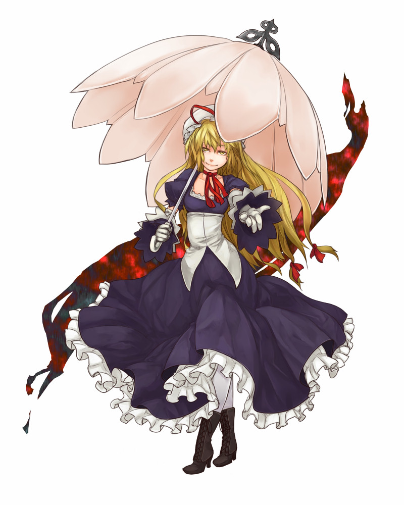 totteri, yakumo yukari, touhou, 1girl, blonde hair, boots, dress, female focus, full body, gap (touhou), gloves, goth fashion, maid headdress, parasol, simple background, solo, umbrella, white background, yellow eyes