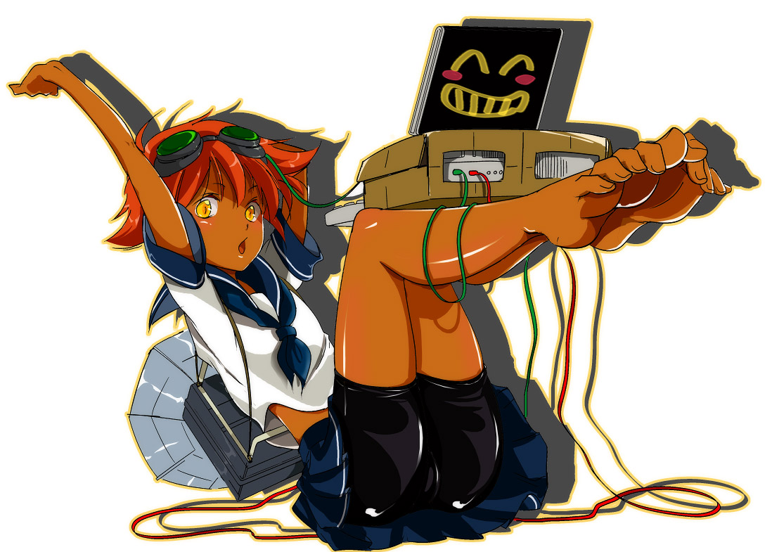 mochida, mochida (annie), edward wong hau pepelu tivrusky iv, cowboy bebop, bad id, bad pixiv id, 1990s (style), 1girl, barefoot, bike shorts, blush stickers, cable, computer, dark-skinned female, dark skin, feet, female focus, foot focus, goggles, legs together, legs up, open mouth, red hair, retro artstyle, school uniform, serafuku, short hair, soles, solo, toes, tomboy, wire, yellow eyes