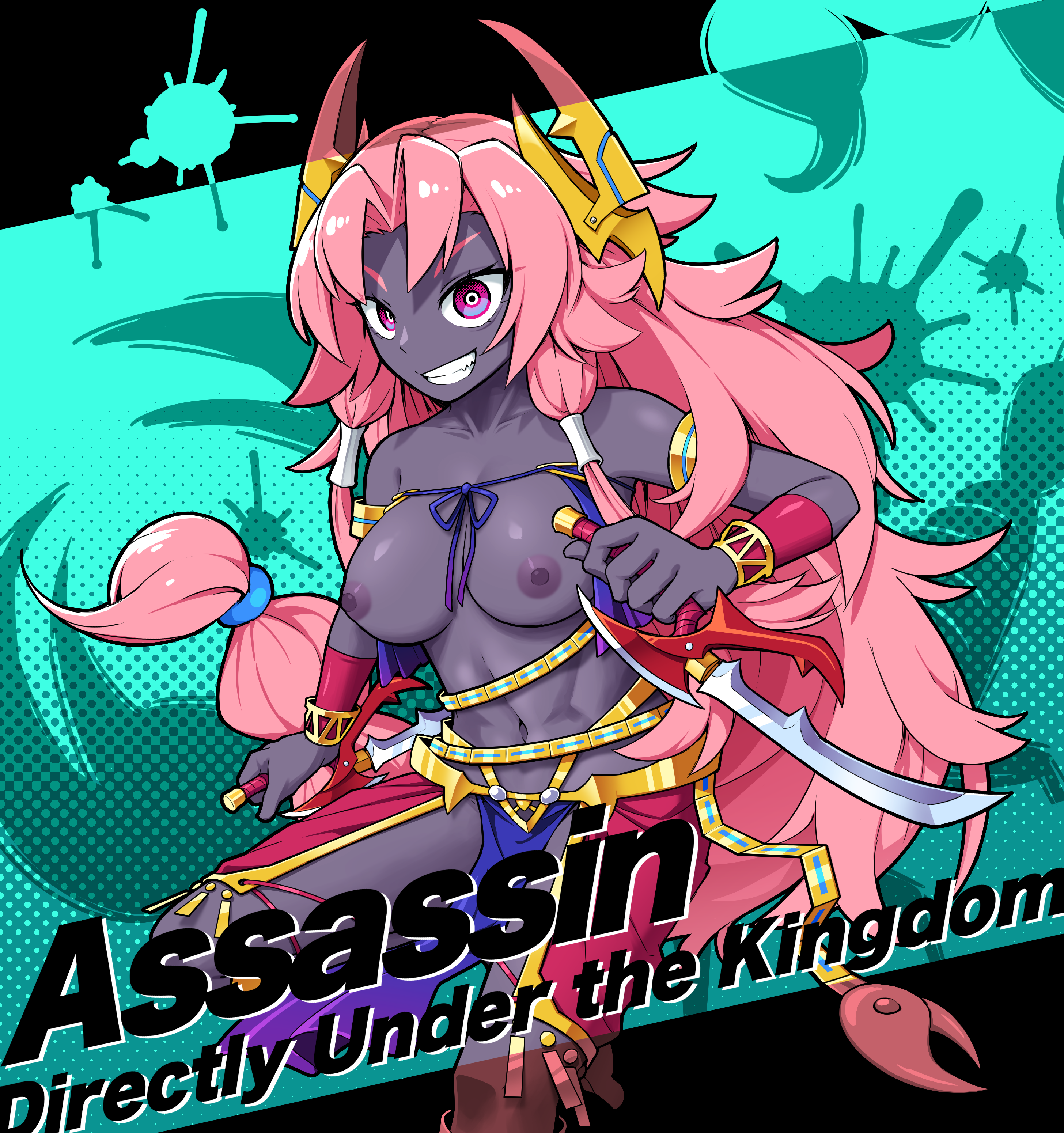 solidus (sword cube), original, absurdres, commentary request, commission, highres, skeb commission, 1girl, barefoot, blue background, breasts, character name, colored skin, curtained hair, dual wielding, foot out of frame, gold, grin, hair tubes, headgear, holding, large breasts, long hair, looking at viewer, navel, nipples, pelvic curtain, pink hair, purple eyes, purple skin, reverse grip, sidelocks, smile, solo, topless female, very long hair
