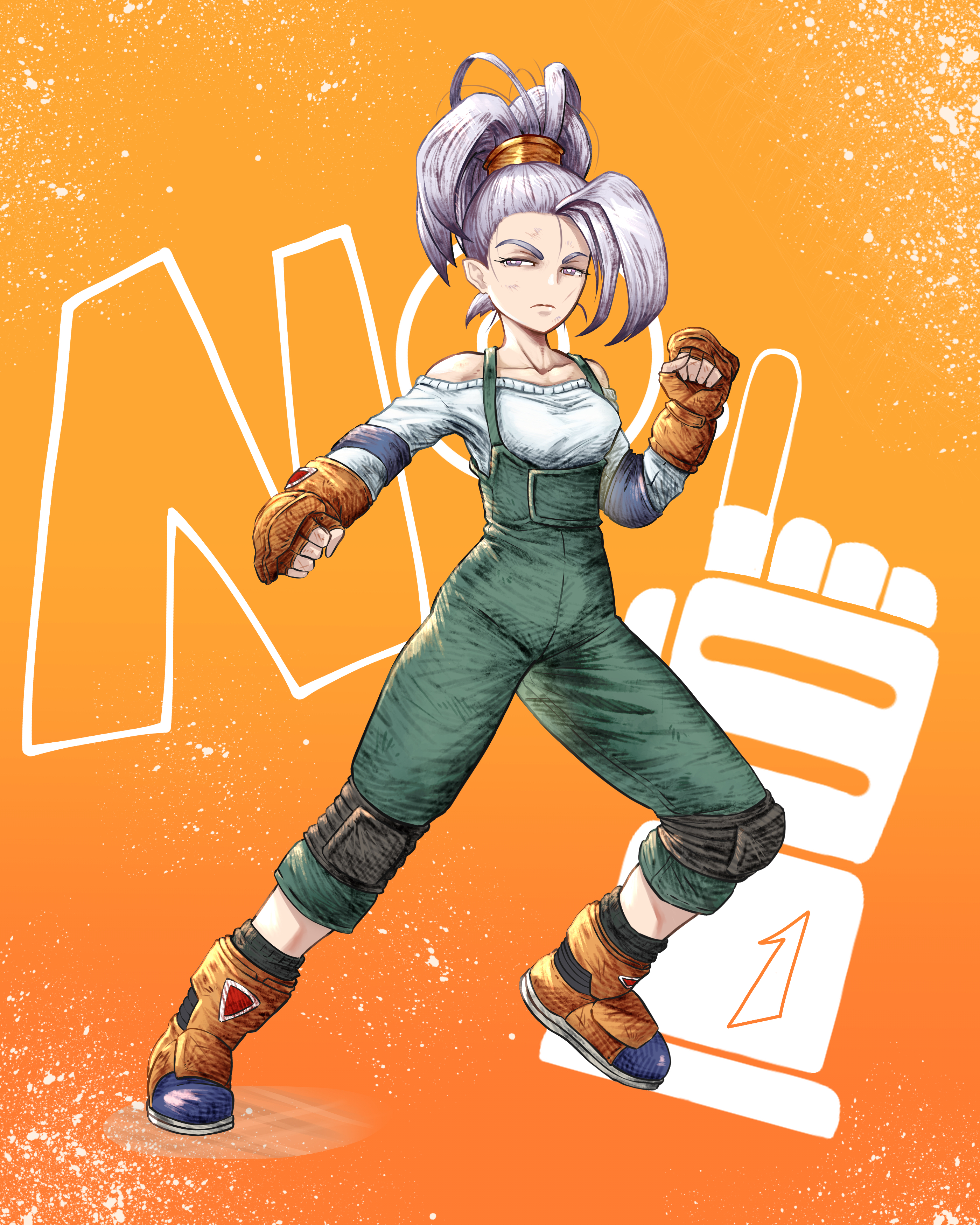 matthew barker, epon, tobal 2, tobal no. 1, absurdres, highres, 1girl, bare shoulders, big hair, boots, boxing gloves, breasts, elbow pads, fighting stance, fingerless gloves, flexing, gloves, green overalls, grey eyes, high ponytail, knee pads, orange boots, orange gloves, overalls, ponytail, solo, standing, white hair
