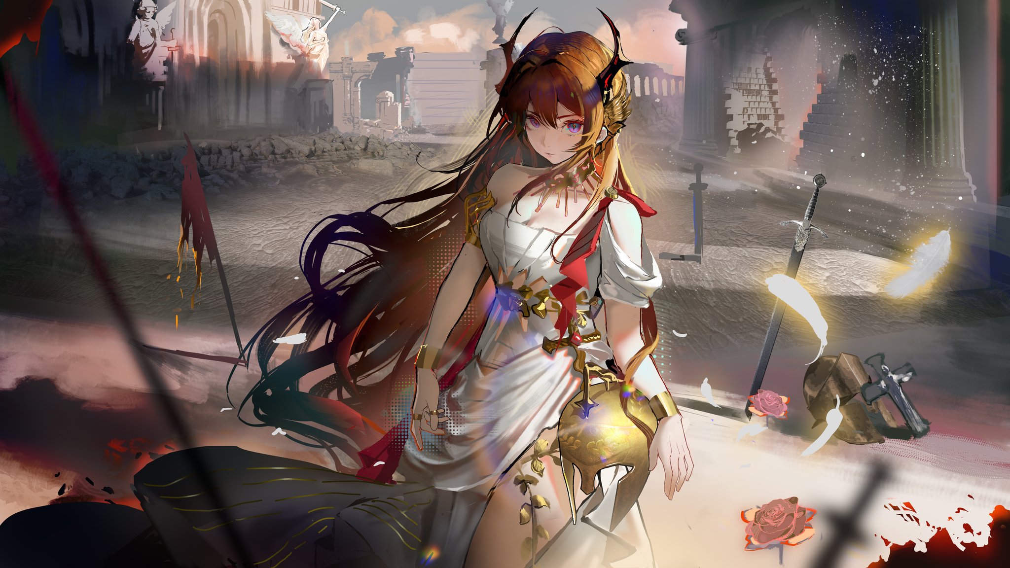 lonki, surtr (arknights), ambience synesthesia, arknights, highres, 1girl, bare shoulders, black dress, black horns, breasts, cleavage, closed mouth, cowboy shot, cross, day, demon girl, demon horns, dress, expressionless, flag, hair between eyes, hair intakes, helmet, horns, jewelry, long hair, looking at viewer, medium breasts, official alternate costume, outdoors, purple eyes, red hair, solo, sword, thighs, very long hair, weapon, white dress