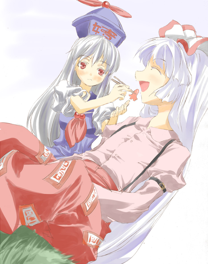 yohane, fujiwara no mokou, kamishirasawa keine, touhou, 2girls, :d, blush, chopsticks, closed eyes, dutch angle, eating, feeding, female focus, food, food art, grass, hat, long hair, long sleeves, multiple girls, ofuda, open mouth, sitting, smile, tako-san wiener, tate eboshi, very long hair, white background, yuri