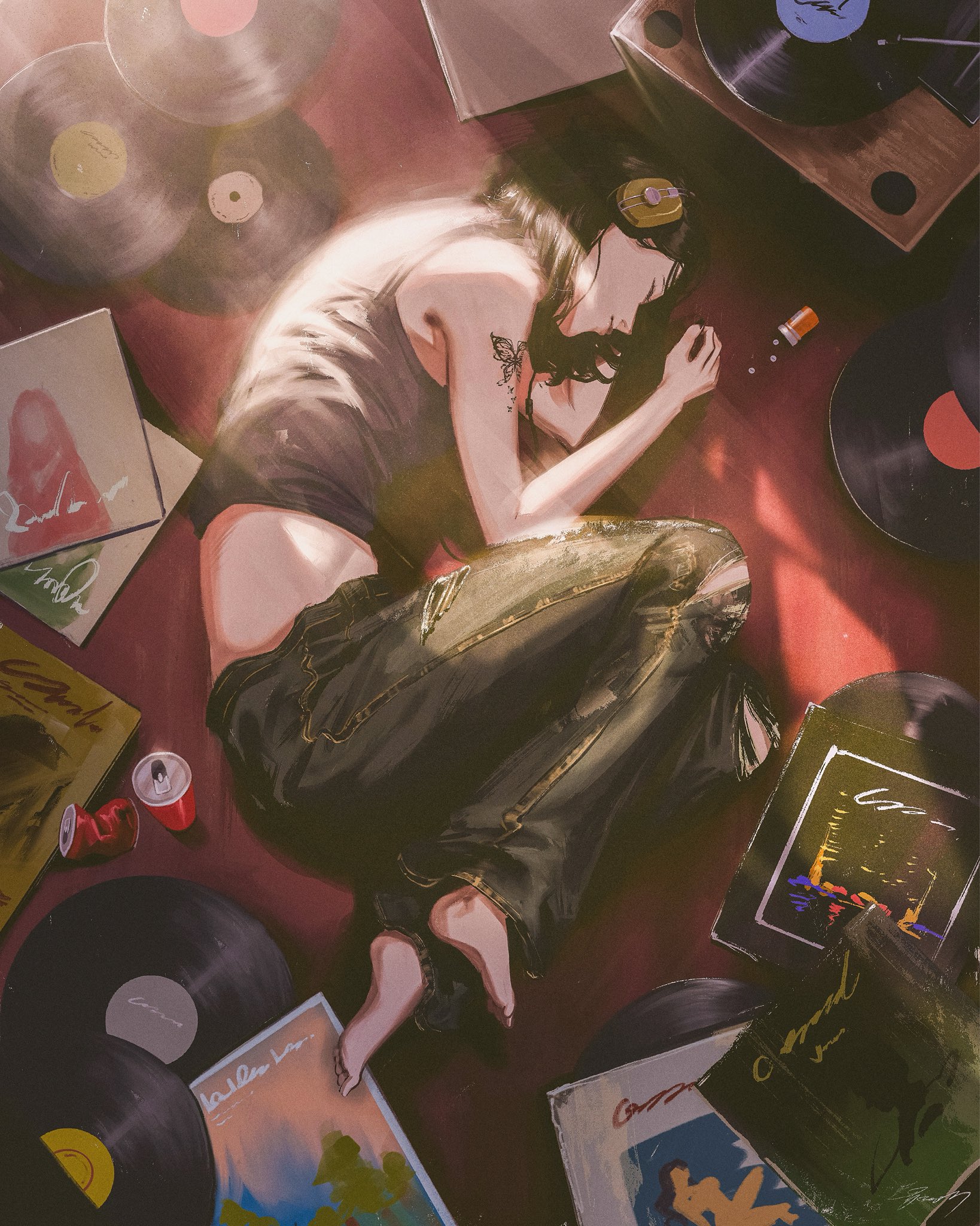 doloyume, original, highres, 1girl, animal print, arm tattoo, barefoot, black hair, butterfly print, can, closed eyes, denim, drink can, headphones, impasto, jeans, lying, on side, pants, phonograph, shirt, short hair, solo, sunlight, t-shirt, tassets, tattoo, vinyl record