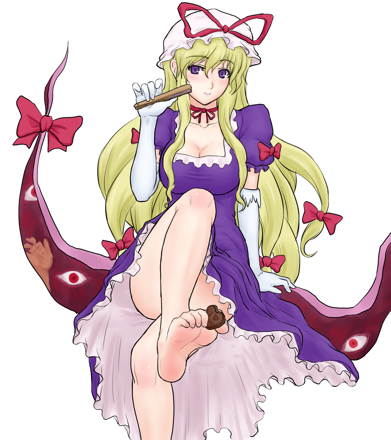 kuro suto sukii, yakumo yukari, touhou, highres, 1girl, barefoot, between toes, blonde hair, breasts, candy, chocolate, chocolate heart, chocolate on foot, cleavage, crossed legs, elbow gloves, feet, female focus, folded fan, folding fan, food, foot focus, gap (touhou), gloves, hand fan, hat, heart, long hair, simple background, sitting, soles, solo, toes, very long hair, white background, white gloves