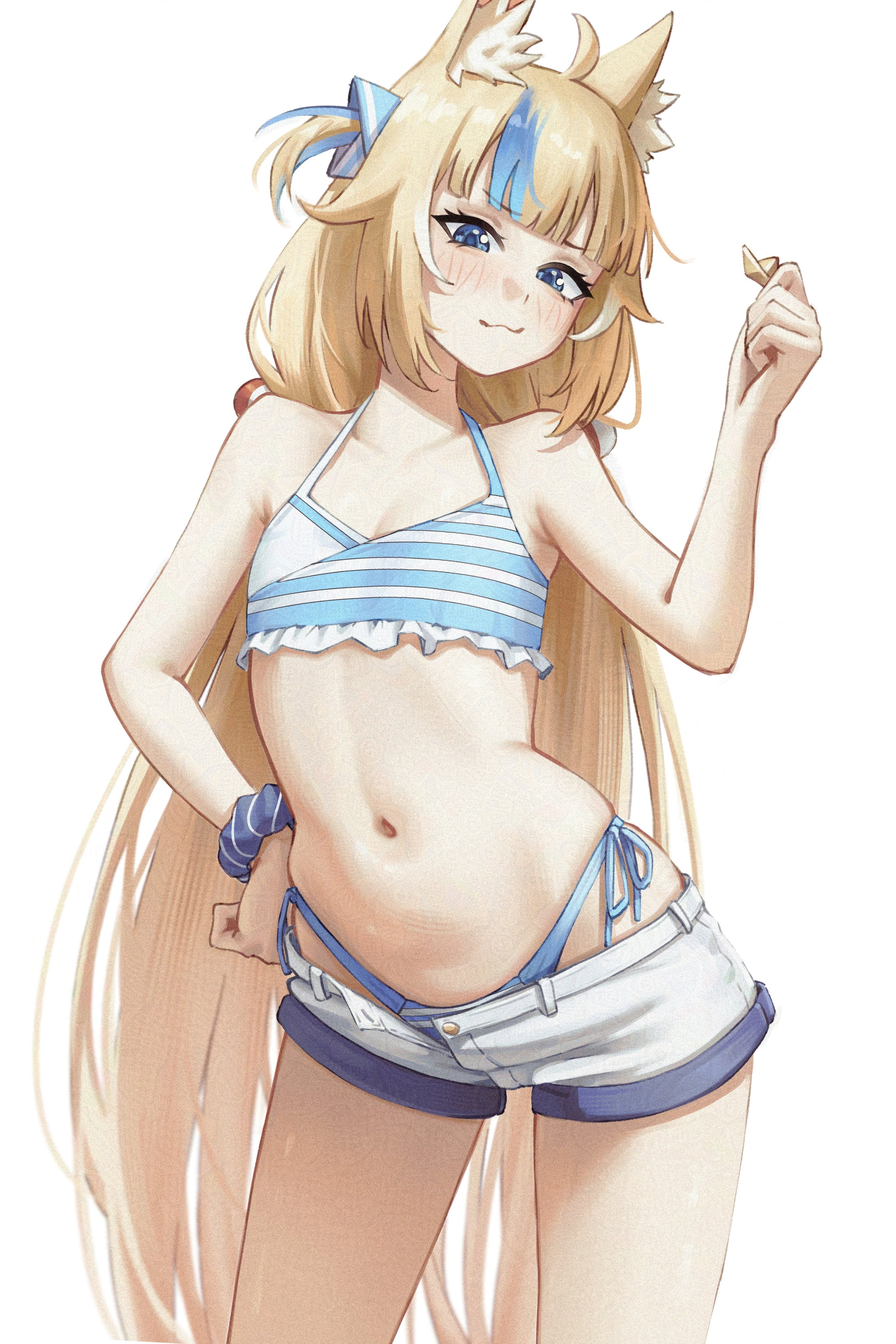 samukzz, sameko saba, indie virtual youtuber, absurdres, adversarial noise, commentary, hashtag-only commentary, highres, 1girl, :3, ahoge, animal ears, bikini, bikini bottom under shorts, bikini under clothes, blonde hair, blue bikini, blue bow, blue eyes, blue hair, blunt bangs, bow, cat ears, closed mouth, flat chest, frilled bikini, frills, hair bow, hand on own hip, hand up, highleg, highleg bikini, lifebuoy hair ornament, looking at viewer, low twintails, multicolored hair, navel, one side up, scrunchie, short shorts, shorts, side-tie bikini bottom, simple background, solo, stomach, streaked hair, swimsuit, twintails, virtual youtuber, white background, white hair, white shorts, wrist scrunchie