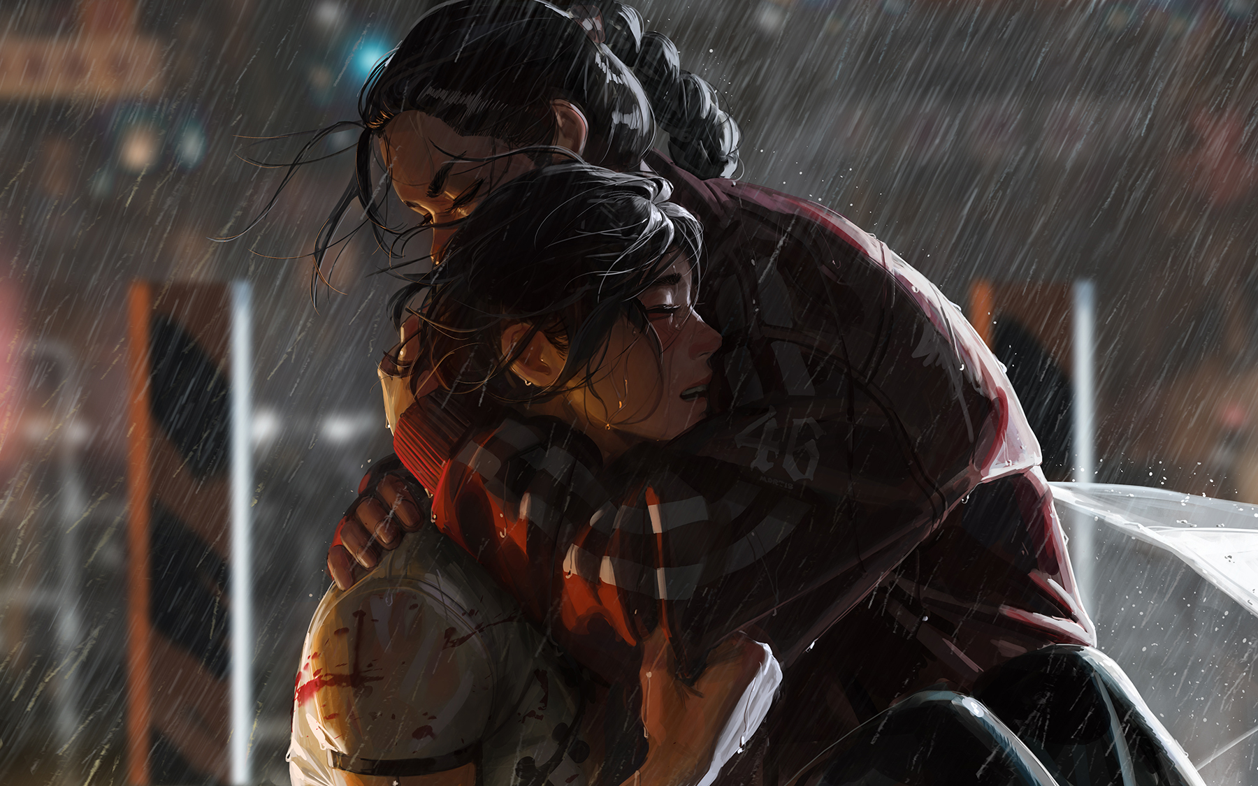 guweiz, original, highres, 2girls, black hair, black pants, blood, blood on clothes, blurry, blurry background, braid, chinese clothes, closed eyes, depth of field, hug, jacket, multiple girls, night, outdoors, pants, parted lips, rain, red jacket, shirt, short sleeves, thick eyebrows, transparent, transparent umbrella, umbrella, white shirt, white umbrella
