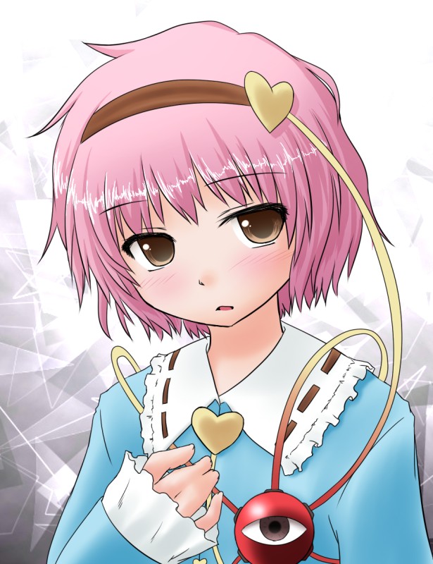 natsu no koucha, komeiji satori, touhou, 1girl, blush, brown eyes, female focus, heart, pink hair, solo, third eye