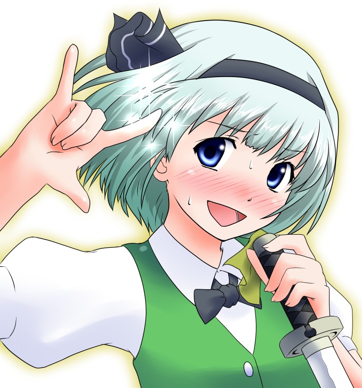natsu no koucha, konpaku youmu, ranka lee, macross, macross frontier, touhou, silver hair, 1girl, m/, blush, female focus, gradient background, katana, parody, ribbon, seikan hikou, solo, sword, upper body, weapon, white background