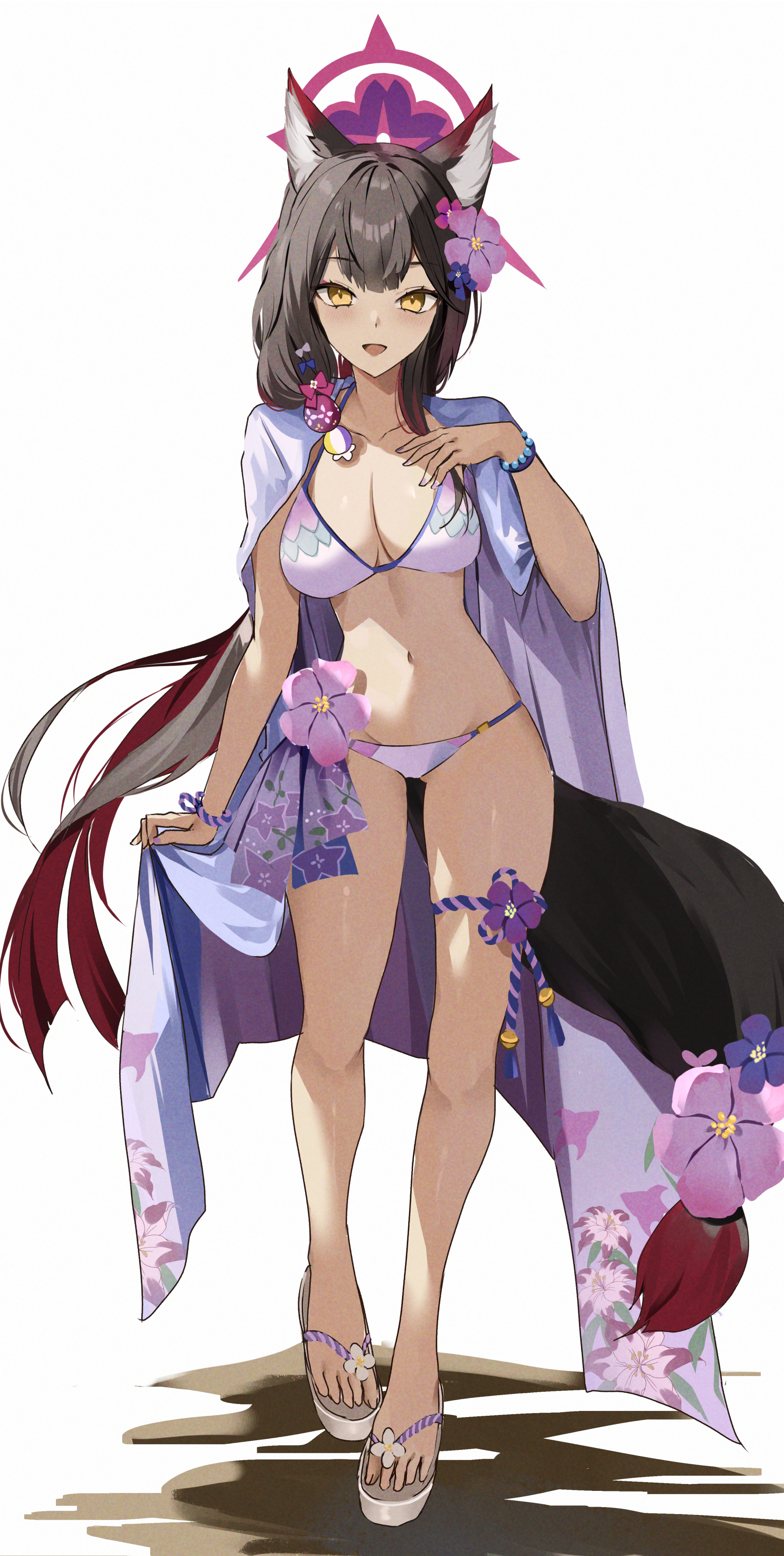 udonpan, wakamo (blue archive), wakamo (swimsuit) (blue archive), blue archive, absurdres, commentary, highres, 1girl, :d, animal ear fluff, animal ears, bead bracelet, beads, bikini, black hair, blunt bangs, blunt ends, blush, bracelet, breasts, cleavage, collarbone, colored inner hair, eyelashes, film grain, flower, fox ears, fox girl, fox tail, full body, hair flower, hair ornament, hair over shoulder, halo, hand up, jewelry, large breasts, long hair, looking at viewer, multicolored hair, nail polish, official alternate costume, open mouth, pink flower, purple flower, purple nails, red hair, red halo, sandals, simple background, skirt hold, smile, solo, standing, straight hair, swimsuit, tail, tail flower, tail ornament, tsurime, two-tone hair, very long hair, white background, white bikini, white sandals, yellow eyes