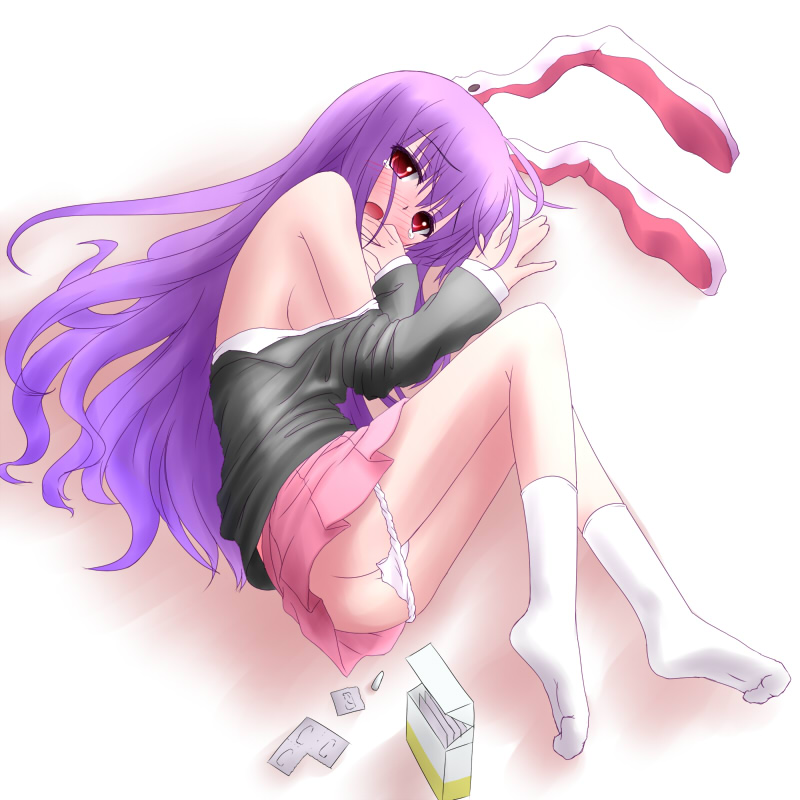 natsu no koucha, reisen udongein inaba, touhou, 1girl, animal ears, ass, blush, breasts, feet, female focus, full body, gradient background, long hair, panties, panty pull, purple hair, rabbit ears, red eyes, skirt, socks, solo, suppository, tears, underwear, white background