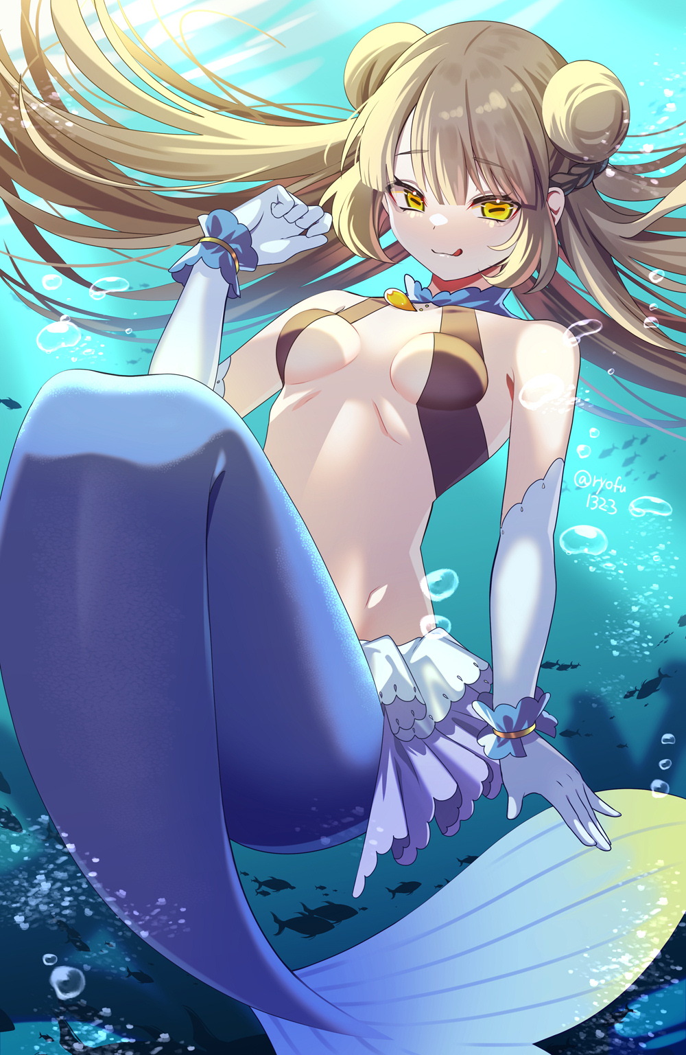 ryofuhiko, original, commentary request, highres, 1girl, blonde hair, braid, breasts, bubble, cephalopod eyes, collar, double bun, elbow gloves, gills, gloves, hair bun, half up braid, half updo, jewelry, long hair, mermaid, monster girl, pendant, ribbon, skirt, small breasts, smile, solo, swimsuit, tongue, tongue out, underwater, white gloves, wrist ribbon, yellow eyes