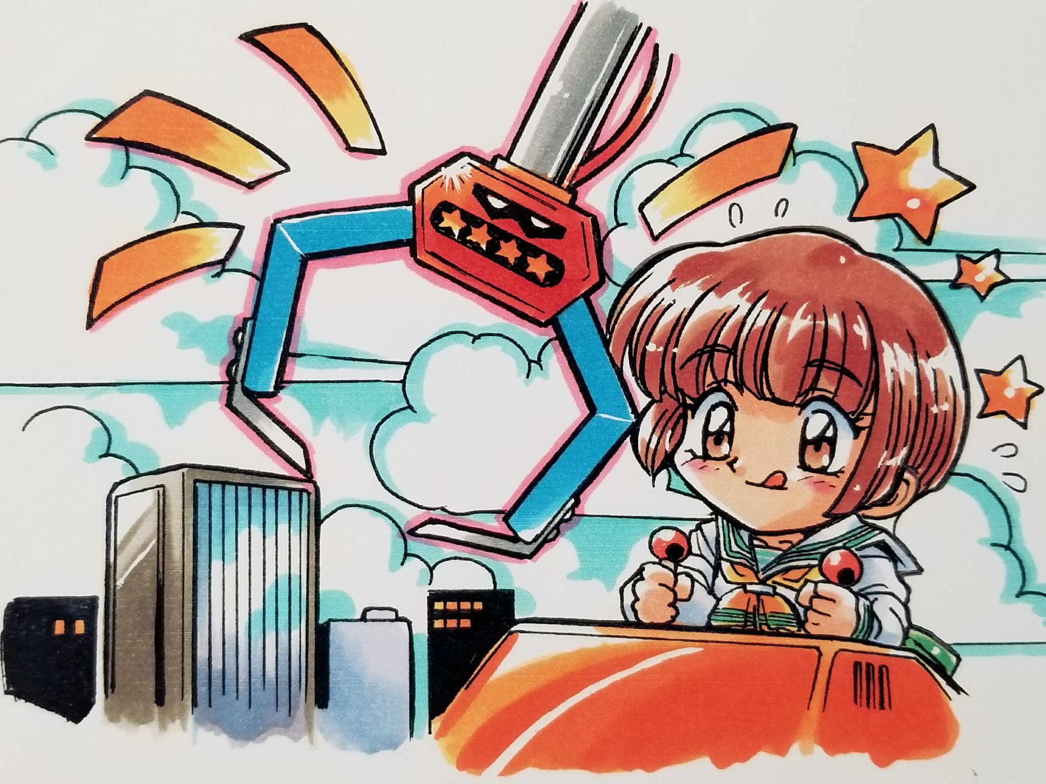 kokomahi, hoshino asuka, sentimental graffiti, commentary request, highres, official art, traditional media, 1girl, :q, blunt bangs, brown eyes, brown hair, building, chibi, chibi only, closed mouth, cloud, controller, crane game, flying sweatdrops, green skirt, joystick, neckerchief, outdoors, sailor collar, school uniform, serafuku, shirt, short hair, skirt, skyscraper, solo, star (symbol), tongue, tongue out, white sailor collar, white shirt, yellow neckerchief