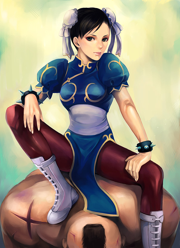 itori (clarice note), chun-li, zangief, capcom, street fighter, bad id, bad pixiv id, 1boy, 1girl, black hair, boots, bun cover, china dress, chinese clothes, double bun, dress, mohawk, pantyhose, pelvic curtain, scar, sitting, sitting on person, spikes
