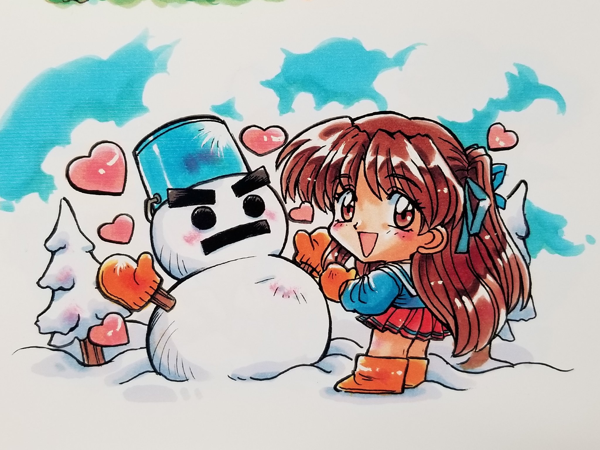 kokomahi, sawatari honoka, sentimental graffiti, commentary request, highres, official art, traditional media, 1girl, blue ribbon, blue shirt, boots, bucket, chibi, chibi only, cloud, hair ribbon, heart, long hair, looking at viewer, looking back, mittens, orange boots, orange mittens, outdoors, pine tree, pleated skirt, red skirt, ribbon, sailor collar, school uniform, serafuku, shirt, skirt, snow, snowman, solo, standing, tree, white sailor collar, winter