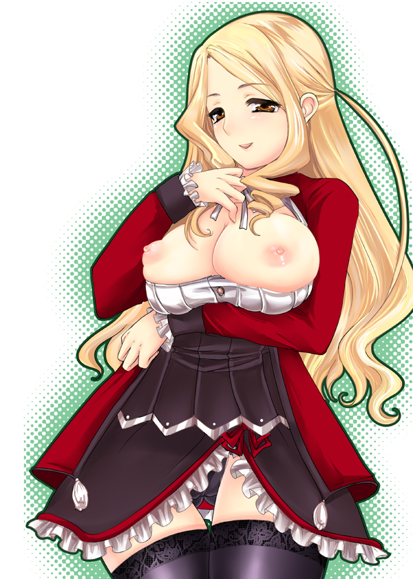 lagarto, eran, 7th dragon, 7th dragon (series), breast hold, lace-trimmed legwear, 1girl, black panties, black thighhighs, blonde hair, blouse, breasts, breasts out, cameltoe, clothes pull, cowboy shot, elan (7th dragon), female focus, half-closed eyes, halftone, hand on own hip, lace, lace trim, large breasts, long hair, miniskirt, nipples, no bra, outline, panties, pantyshot, parted bangs, shirt, simple background, skindentation, skirt, solo, standing, swept bangs, thigh gap, thighhighs, underwear, white background, white shirt
